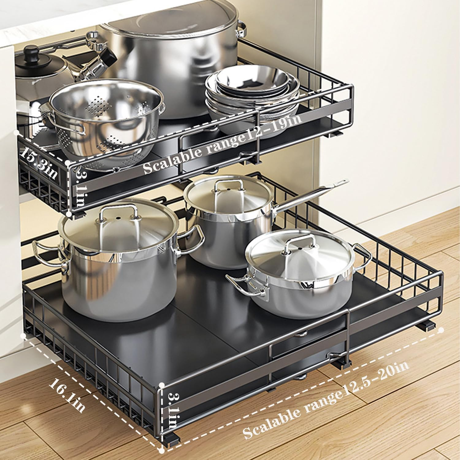 Pull Out Drawers for Cabinets Expandable, 2 Pack Pull Out Cabinet Organizer Adhesive, Slide Out Drawers Shelves for Kitchen Cabinets Organization Adjustable Width 12.2-20.7In image number 6