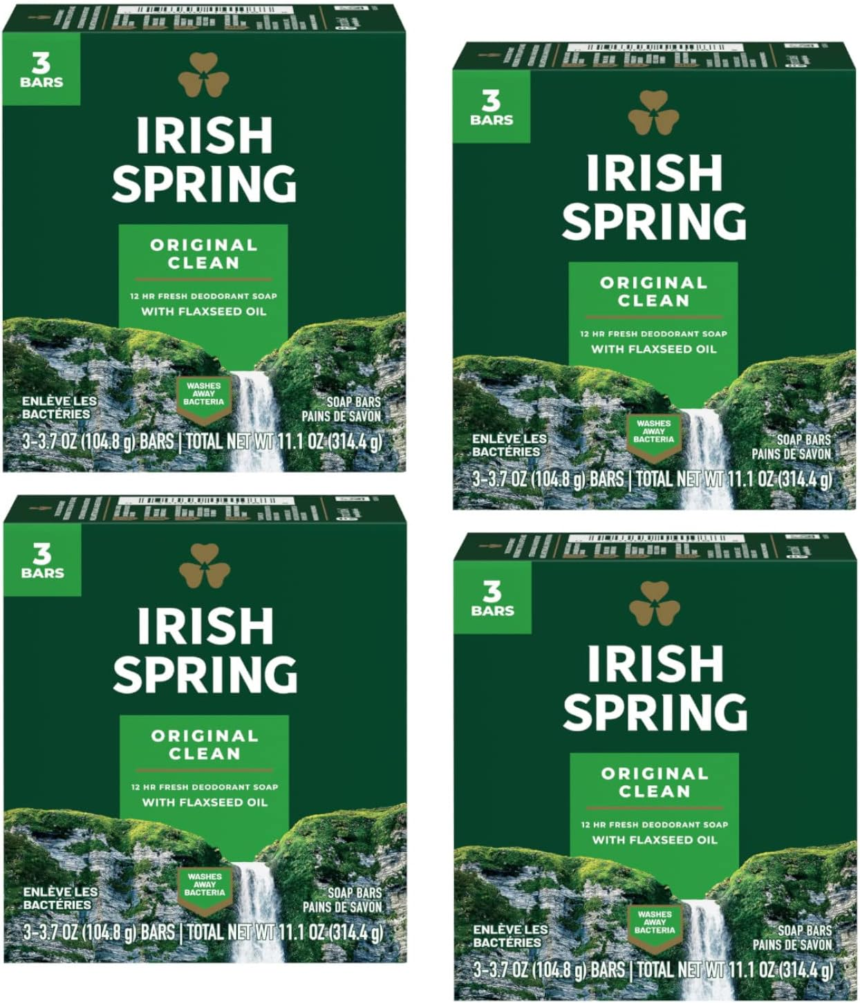 Irish Spring Deodorant Soap Original Bar, 3 Count 3.75 Ounce, 4 Packs, Total 12 Bars