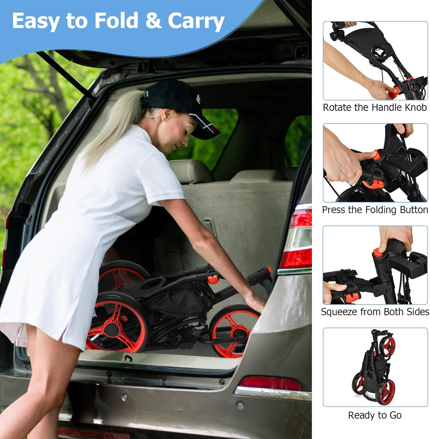 Costway 3 Wheel Golf Push Cart, Quick Folding Golf Cart, Golf Bag Holder W/Tin Foil Coated Storage Bag, Elastic Strap, Adjustable Umbrella & Cup Holder, Scoreboard Storage & Foot Brake - Green image number 5