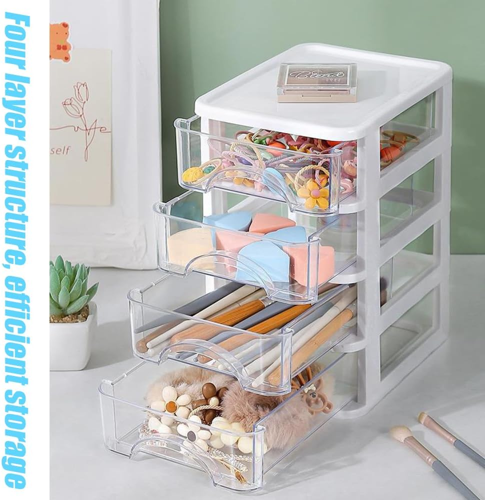 4 Layer Clear Plastic Drawer Oragnizer, Drawers Closet Storage Box, Desktop Container Case for Office Bedroom Living Room Organizer, 14.2 * 18.3 * 23.5Cm, White image number 4