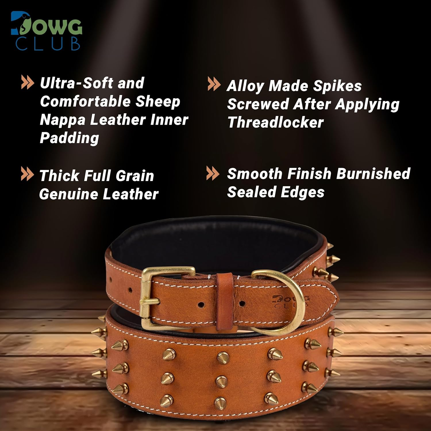 Dowgclub | Genuine Leather Spiked Dog Collar | Full Grain, Heavy Duty | Comfortable, Strong, Best for Medium, Large, XL Breeds | (L (Fit Neck Size 18.5"-22.5"), Brown with Gold Spikes) image number 6