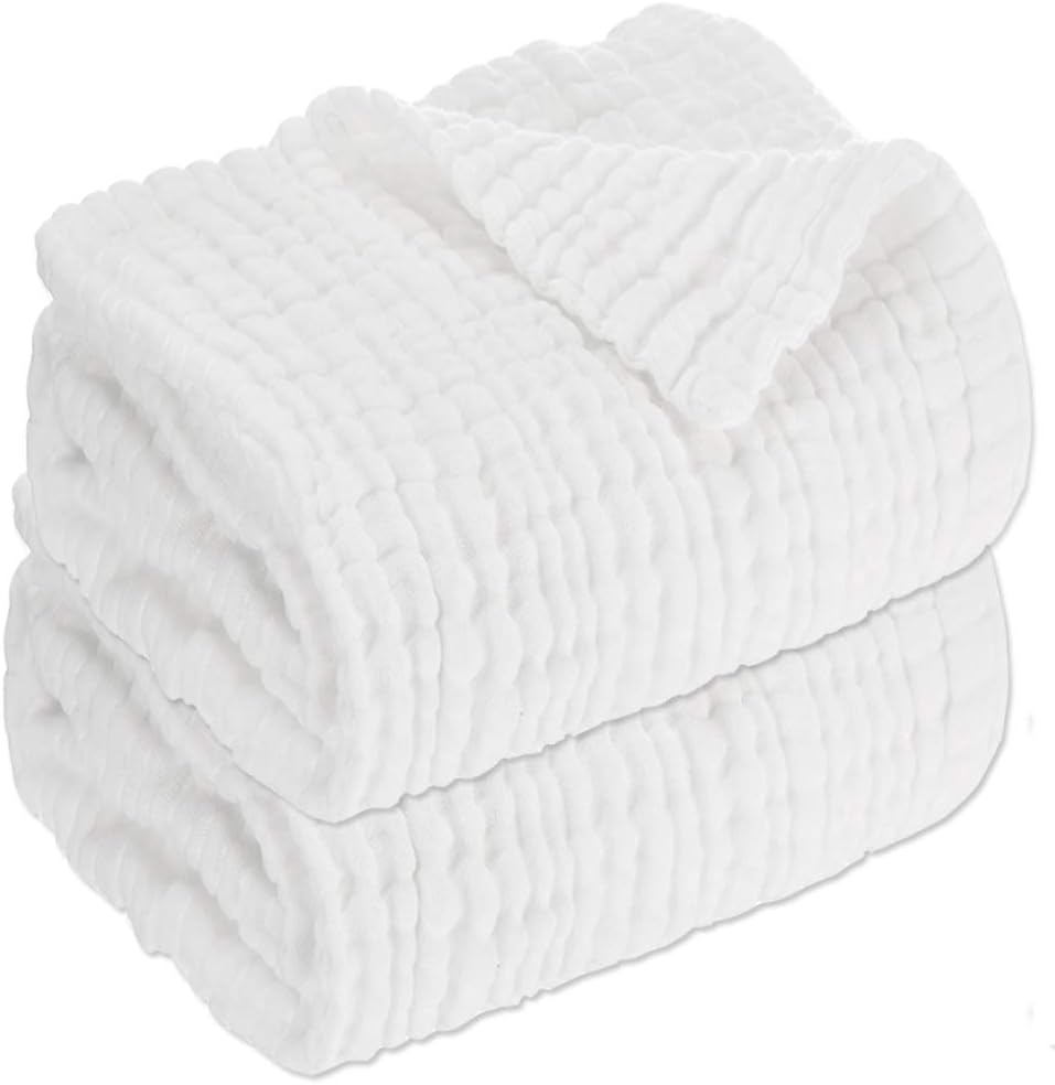 Aablexema Baby Muslin Bath Towels - Set of 2 Large Size 43X43 Inches Swaddle Blanket for Newborn Toddlers Boys Girls - Suitable for Baby'S Delicate Skin(White)
