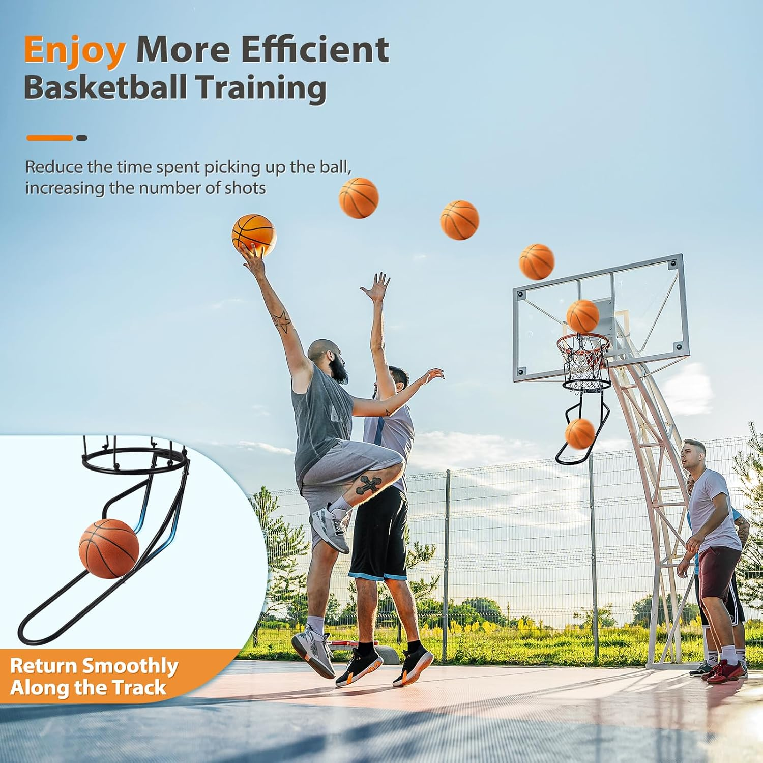 GADFISH Basketball Return Attachment, Heavy Duty Basketball Rebounder with 3 Stable Large Hooks, Durable Basketball Accessories for 18" Rim Basketball Training, Black image number 2