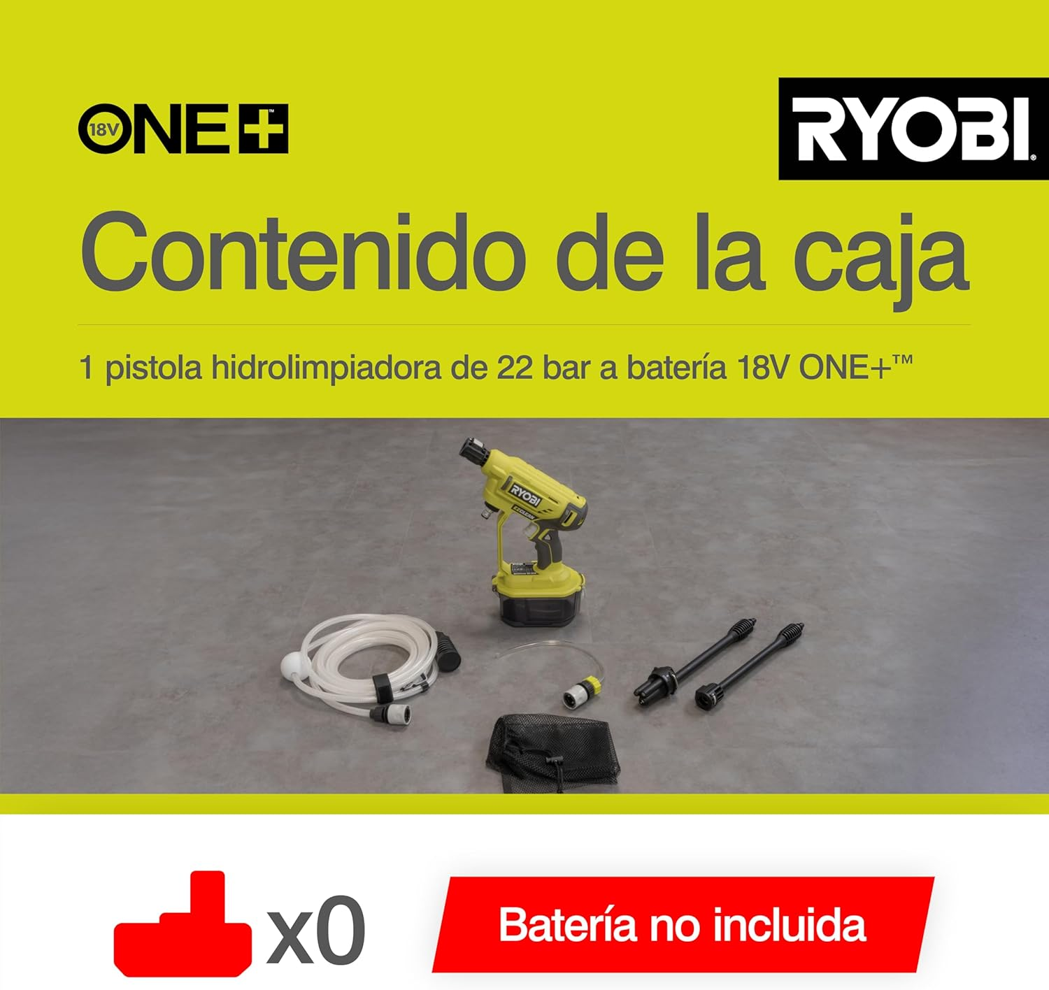 RYOBI RY18PW22A-0 18 V Battery Medium Pressure Cleaner - 3 in 1 Nozzle - Turbo Nozzle for Difficult Cleaning Applications - 15&deg; Fan Jet for General Cleaning - without Battery & Charger Hypergreen image number 6