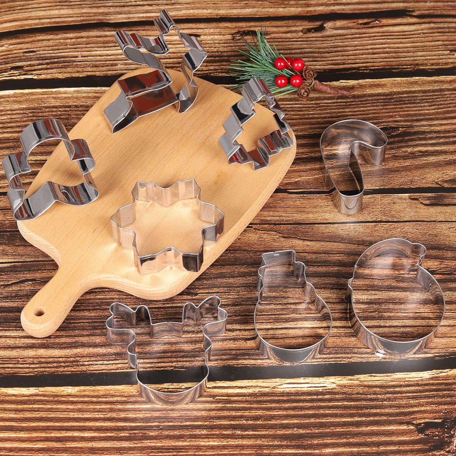 Christmas Cookie Cutters, Santa Claus, Snowflake, Christmas Tree, Snowman, Reindeer, Gingerbread Man, Stainless Steel Cookie Cutters for Baking Cookies Fondant Set of 8 image number 1