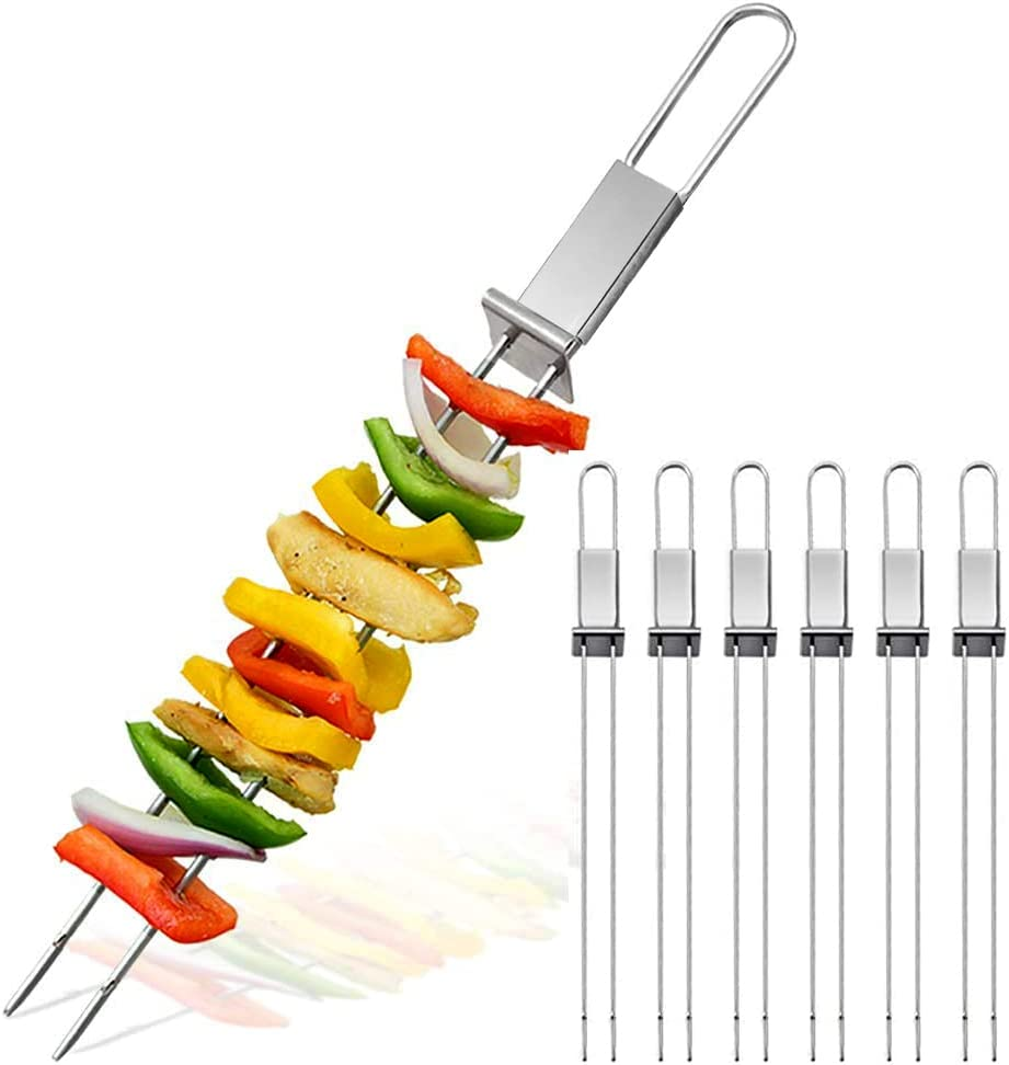 Skewers for Grilling - 13" Kabob Skewers with Push Bar Double Pronged Anti-Roll Metal Skewers for Kabobs, Stainless Steel Reusable BBQ Skewers for Grilling,Ideal for Meat Shrimp Vegetable 6Pcs image number 4