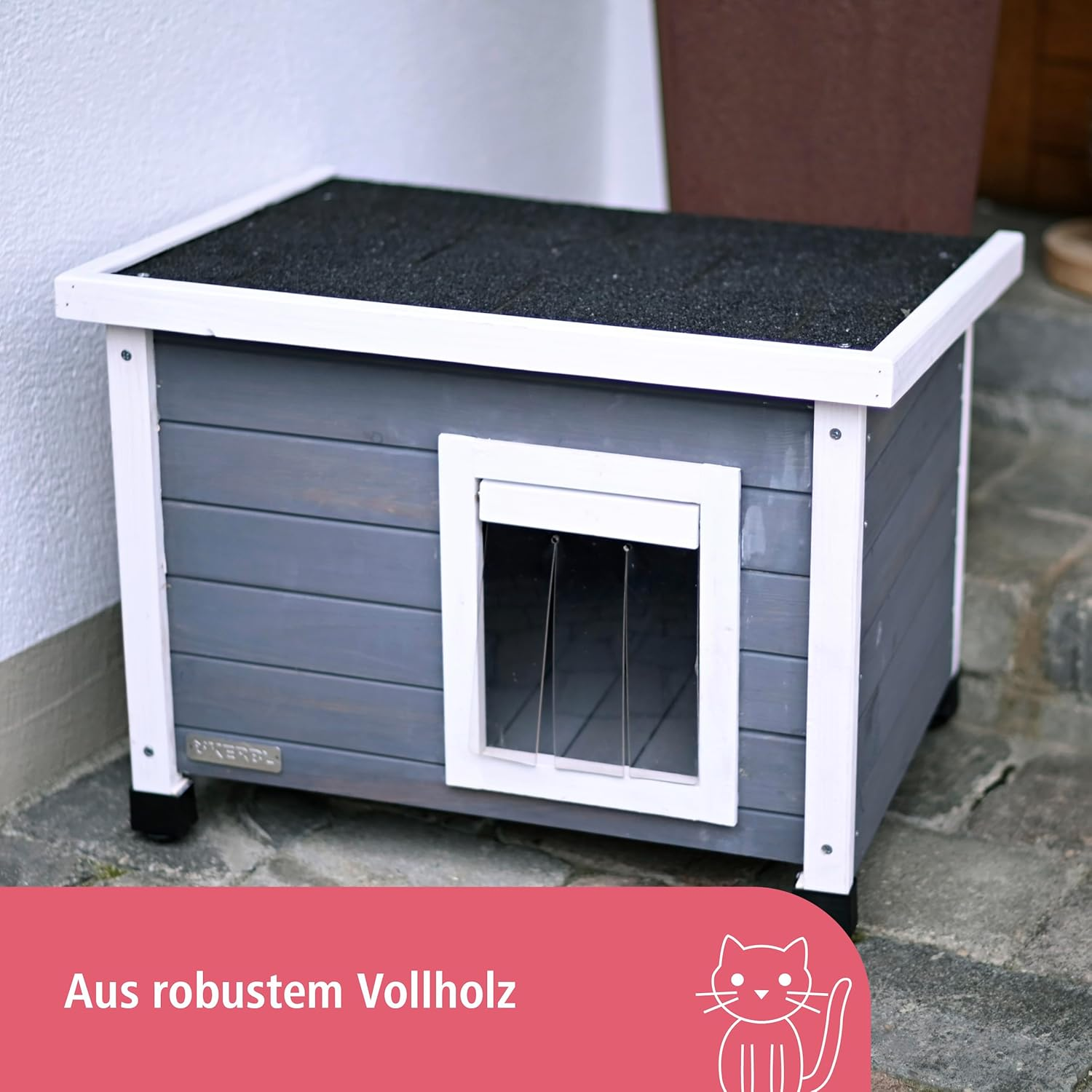 Kerbl Rustica 80991 Cat House Wooden White/Grey Swing Door with Slats, Plexiglass Window, Height-Adjustable Plastic Feet, Cat Villa image number 3