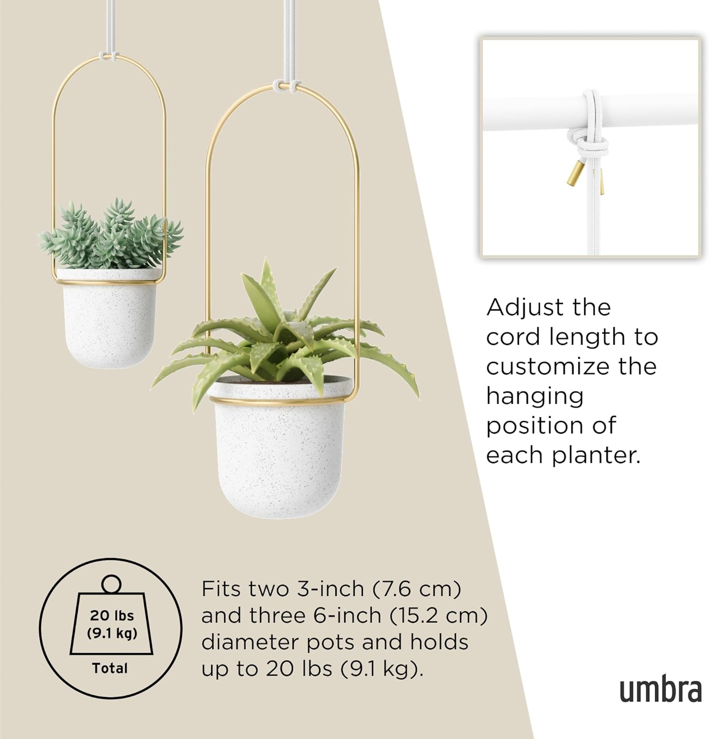 Umbra Triflora Hanging Planter 5-Pieces, Large, White/Brass