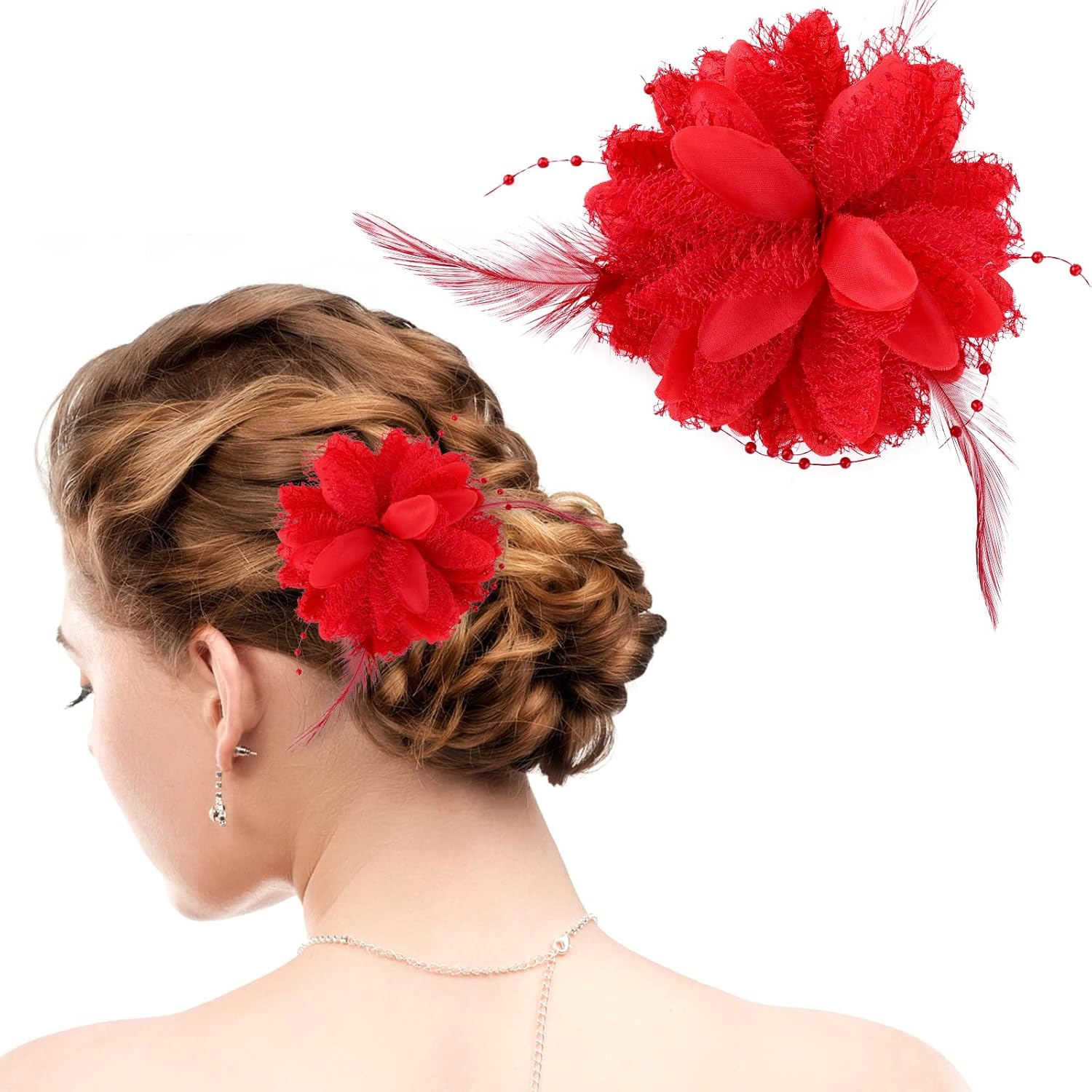 Sibba Flower Hats Clips Hairpin Barrettes Rose Hair Dress Valentines Mother'S Day Easter Headwear Headpiece Accessory Pin Floral Feather Women Girls Dresses for Travel Wedding Prom Party (Red) image number 6