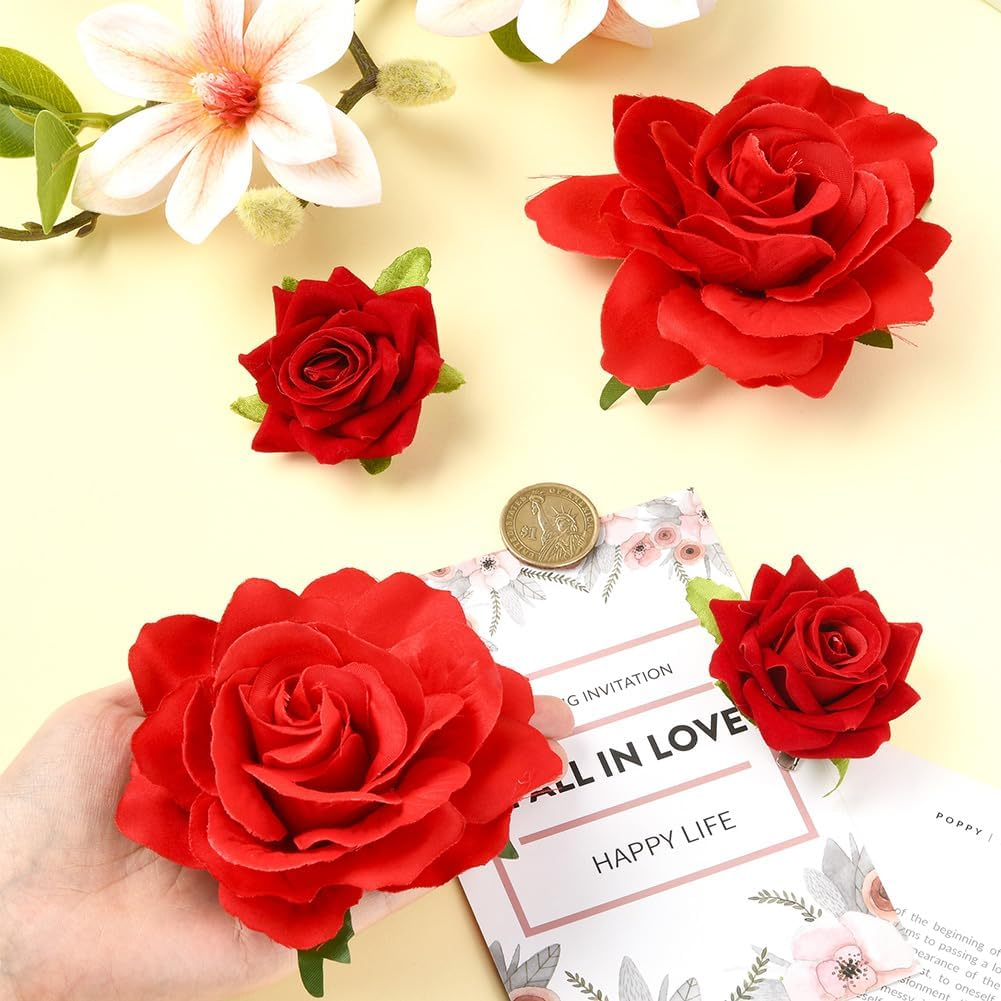 SOFPLATE Pack of 4 Red Rose Hair Clips Headdress Flowers Hair Clips Brooch 2 in 1 Fabric Flowers Hair Pins Accessories for Valentine'S Day Wedding Party Fancy Dress Accessories Women'S Hats Bags