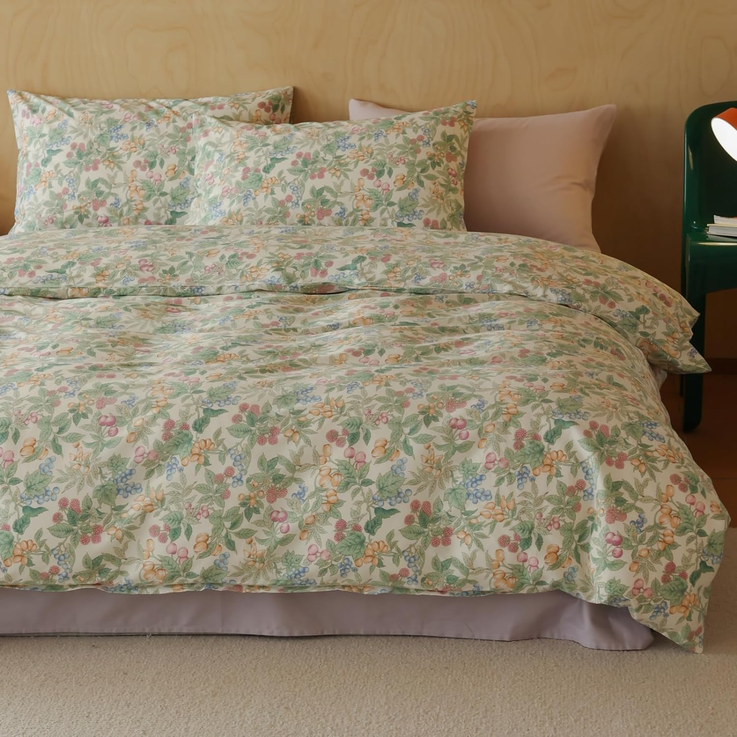 Blueblue Cherry Kids Duvet Cover Set Queen 100% Cotton Bedding for Boys Girls Teens Cartoon Red Cherries Pattern on White 1 Cute Fruit Full Comforter Cover 2 Pillow Shams (Queen)