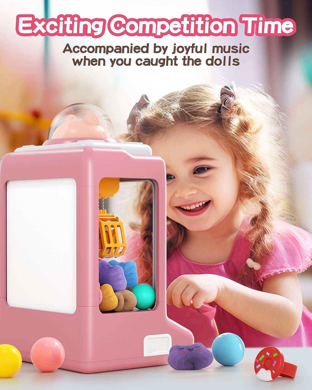 Claw Machine for Kids, Mini Vending Machine with Game Coins & Music, Prize Dispenser Toys for Girls and Boys, Electronic Claw Game Machine for Party Birthdays, Includes 35 Mini Toys (Doggy Pink)