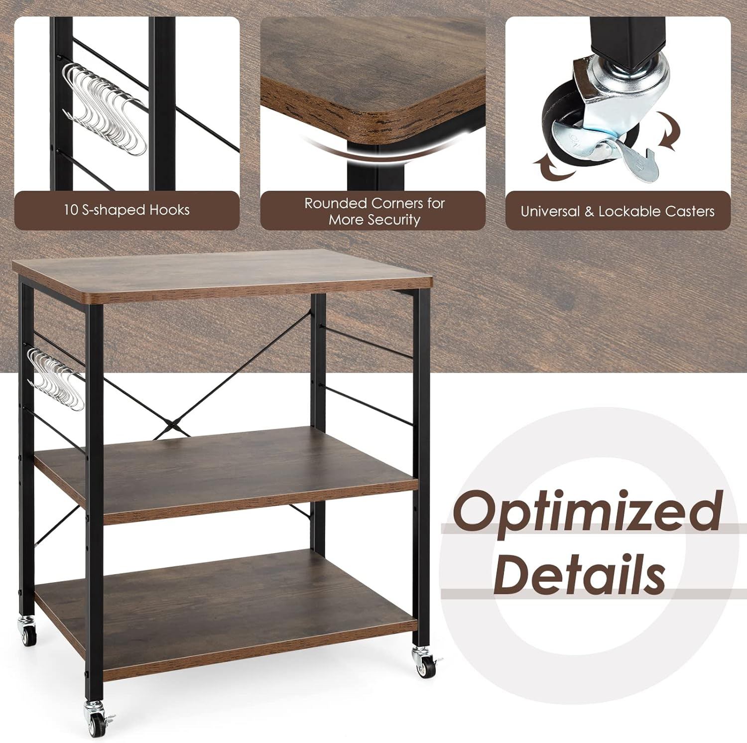 Costway 3-Tier Baker&rsquo;S Rack, Kitchen Utility Serving Cart W/ 10 Removable Hooks, Standing Microwave Shelf Metal Frames W/Lockable Casters for Coffee Restaurant Hotel (Rustic Brown) image number 3