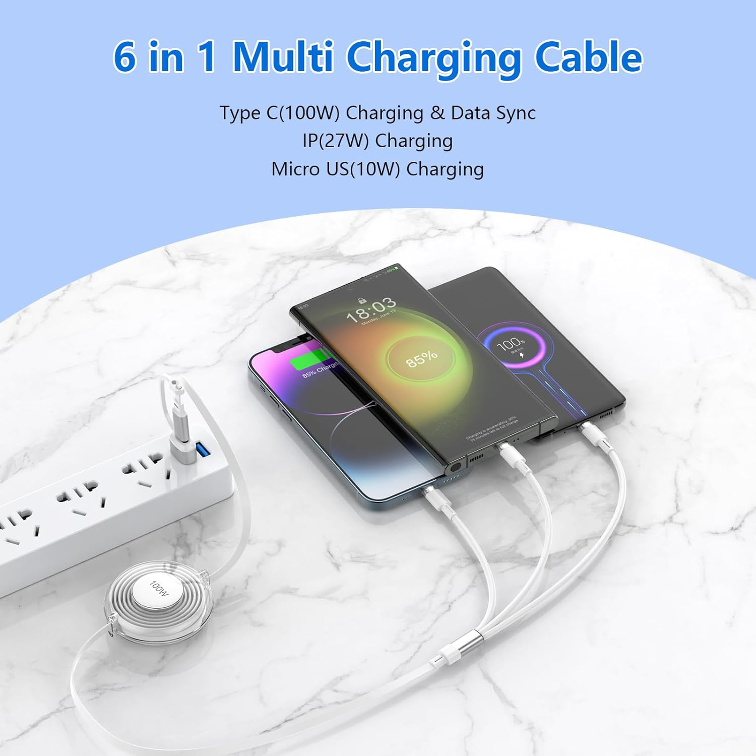 100W USB C to Multi Charging Cable, Iphone 15 Retractable Car Charger with Type C 100W+IP 27W+Micro USB 10W Multi Phone Charger for Iphone 15 14 13 12/Samsung S24 S23/Ipad/Macbook/Tablet 4FT White image number 5