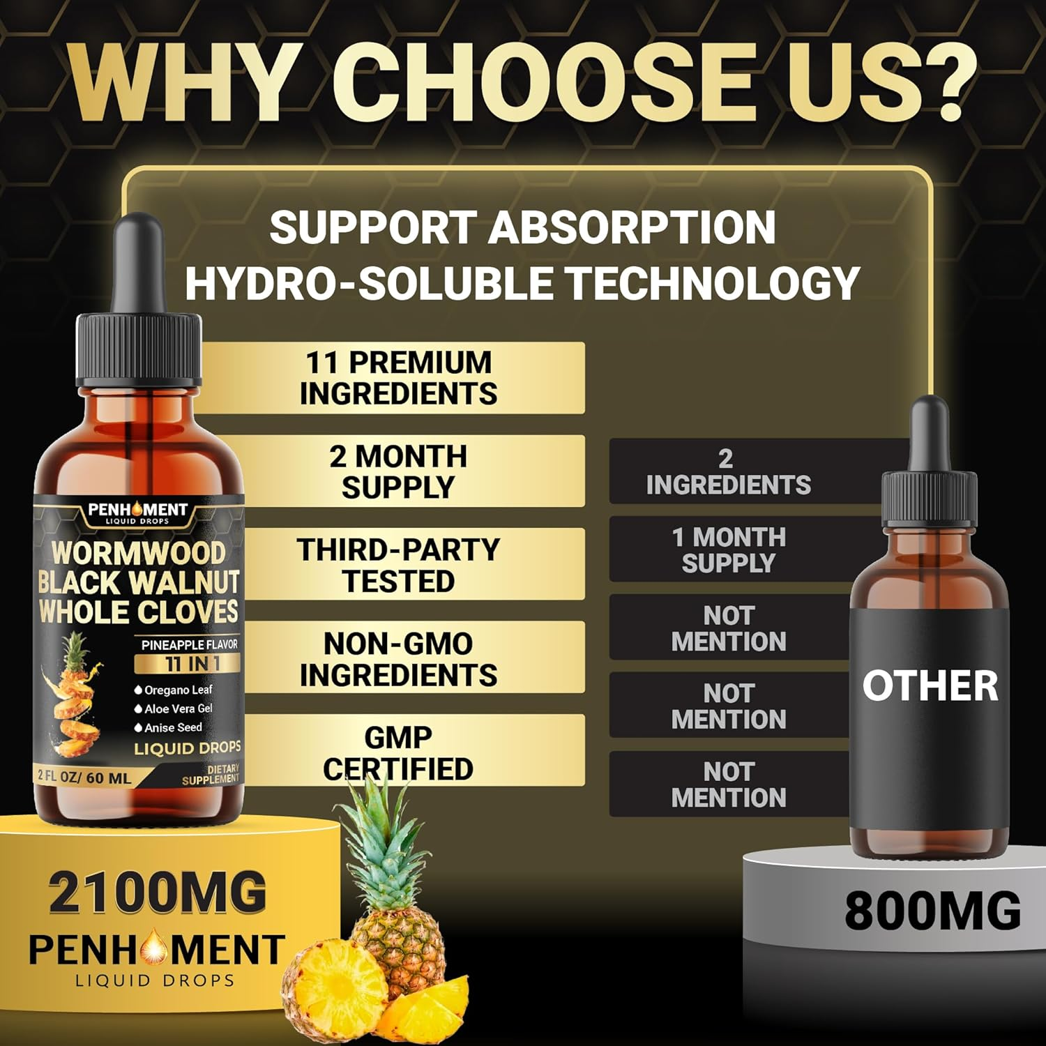 11In1 Liquid Wormwood Drops with Black Walnut, Whole Cloves, Oregano & 7 More - Pineapple Flavor - 2 FL OZ - 60 Days Supply image number 3