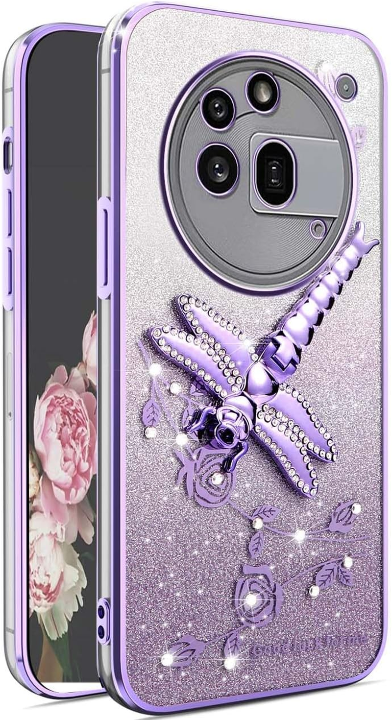 YUEQIAN Transparent Glitter Case for Nothing Phone (3A) Pro, Ultra Thin Glitter Bling TPU Shockproof Mobile Phone Case, Shiny Flowers Dragonfly Stand Girl Protective Case Purple image number 3