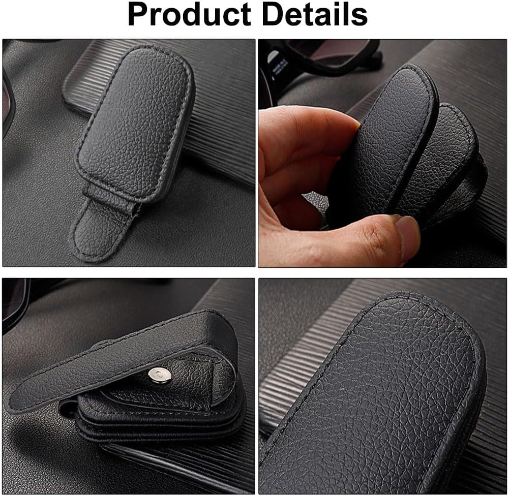 Reelau 2 Pack Sunglasses Holders for Car Sun Visor, Magnetic Leather Glasses Eyeglass Hanger Clip for Car, Ticket Card Clip, Car Visor Accessories (Black) image number 3