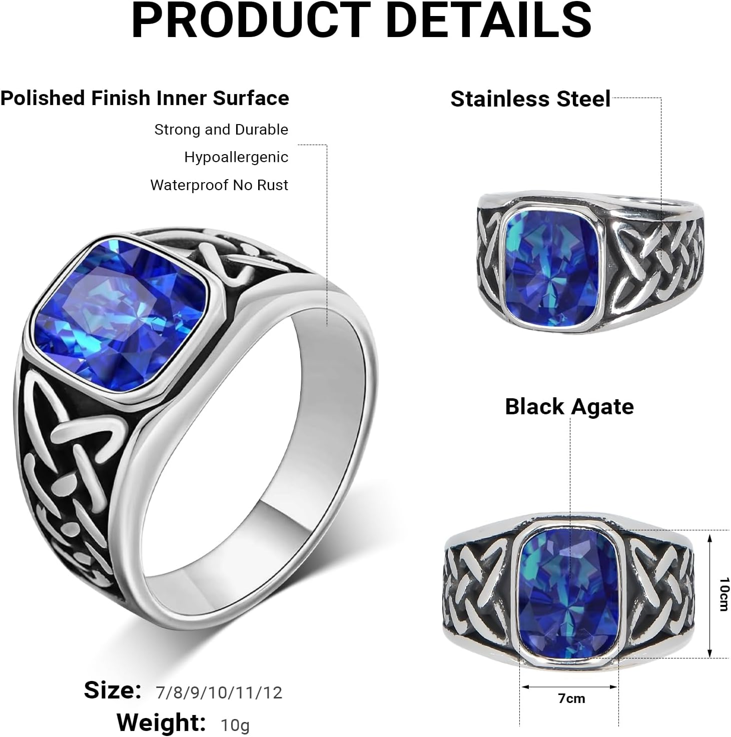 LIAN Mens Black Onyx Sapphire Rings Stainless Steel Square Agate Signet Rings for Men Pinky Thumb Ring Band for Dad Father Handmade Engraved Jewelry Men Boys - 12, Blue image number 2