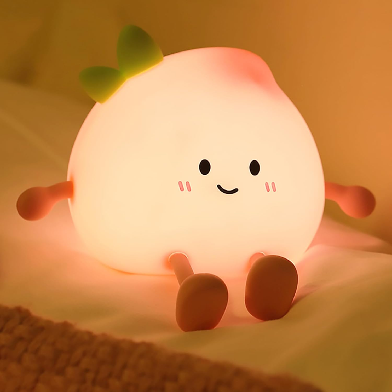 AVEKI Peach Night Light for Kids - Cute Silicone Snooze Lamp with 7 Colours & 3 Brightness Levels Warm Light, Rechargeable, Touch Sensitive, Baby Night Light Gift
