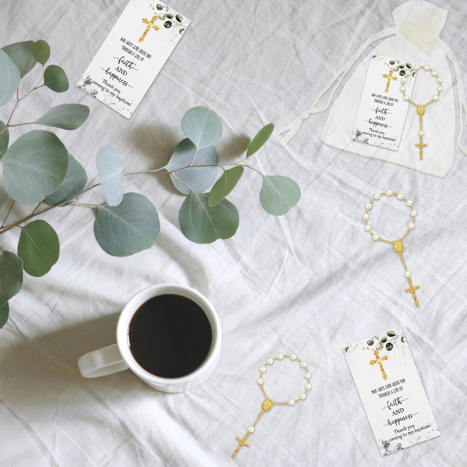 50 Sets Baptism Favors for Guests Acrylic Rosary Beads Faux Pearls Organza Gift Bags Thank You Cards Silver Angel Charm Keychain for Baptism Christening First Communion Party Supplies (Gold) image number 3