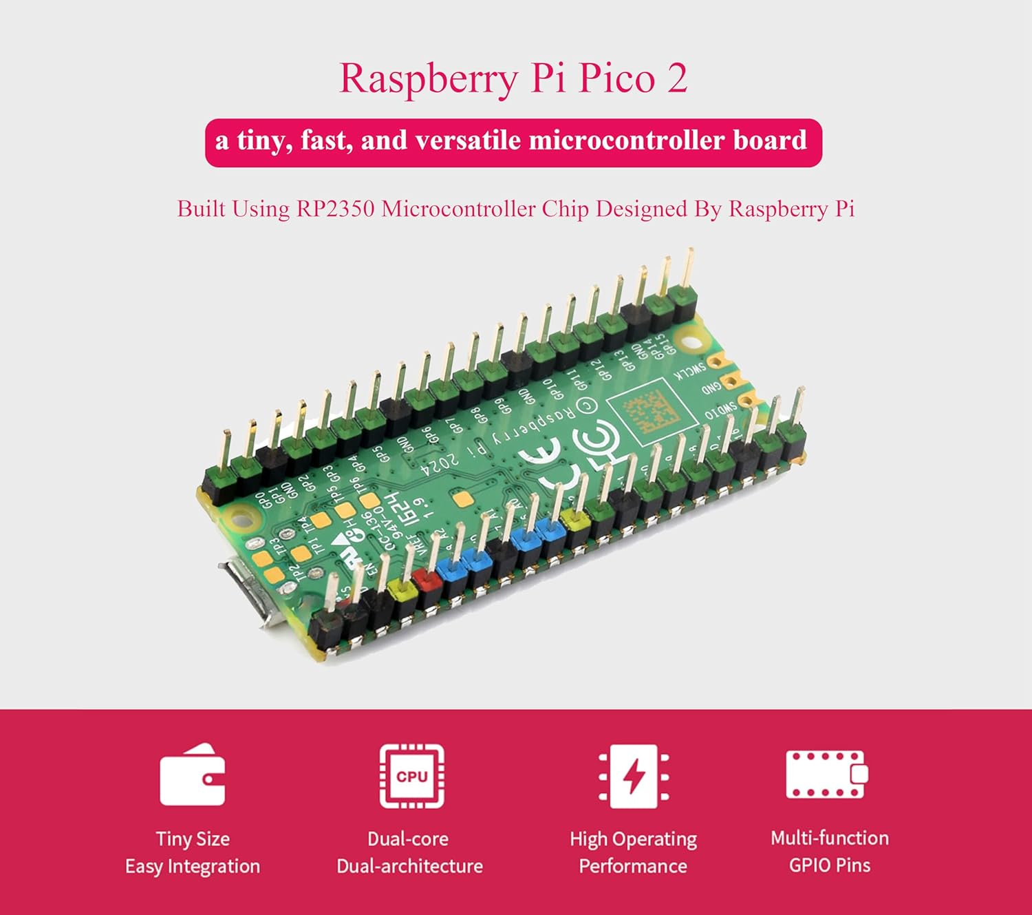 Pico 2 with Pre-Soldered Color-Coded Header Compatible with Raspberry Pi Pico 2 Microcontroller, Based on RP2350, Dual-Core ARM Cortex-M33 and Dual-Core Hazard3 RISC-V Processor 4MB Flash, 3 Items image number 6