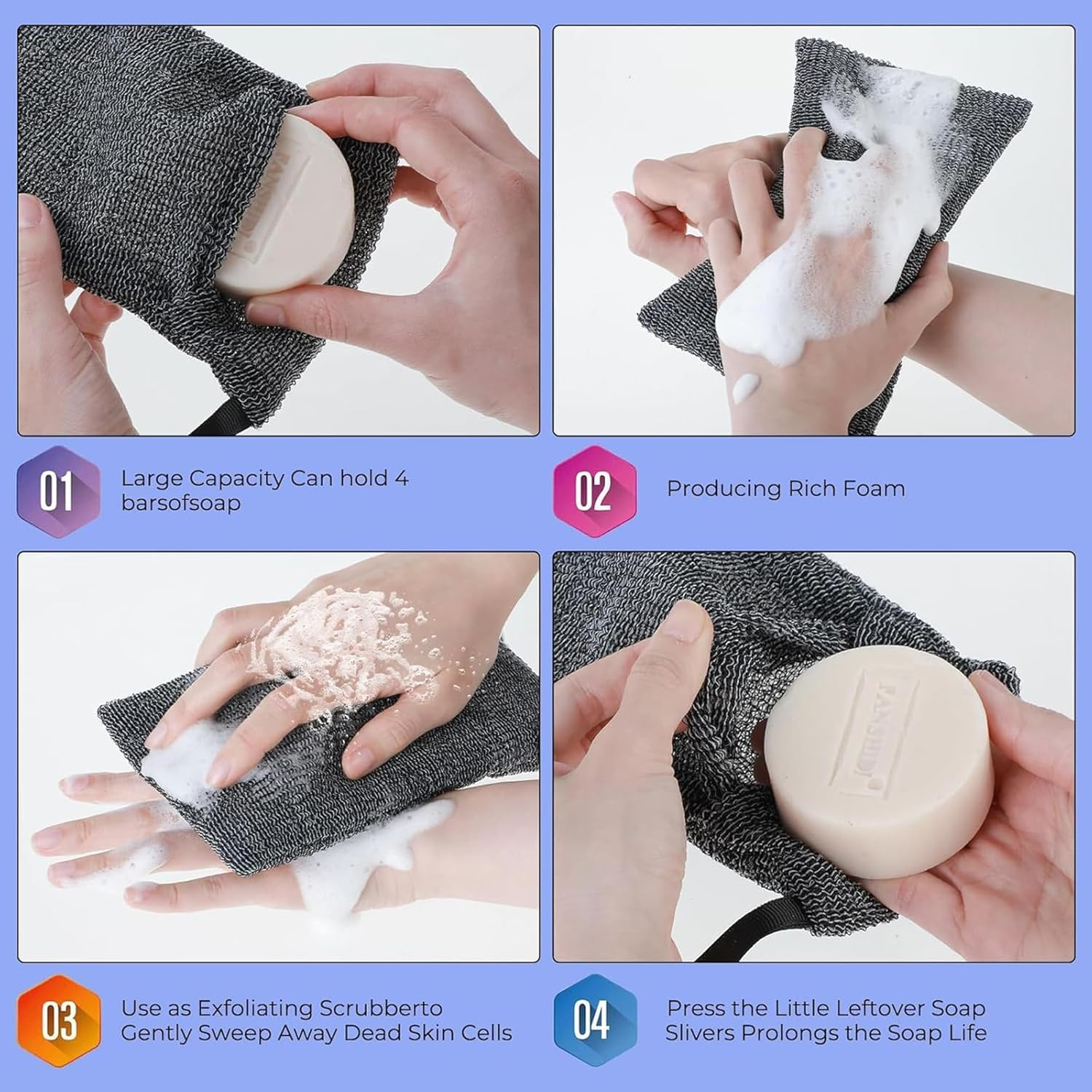 2-Pack Exfoliating Soap Bag,Mesh Soap Saver Pouch for Rich Lather, Gentle Body Scrubber & Foaming Soap Pocket &ndash; Ideal for Bath & Shower (Grey)