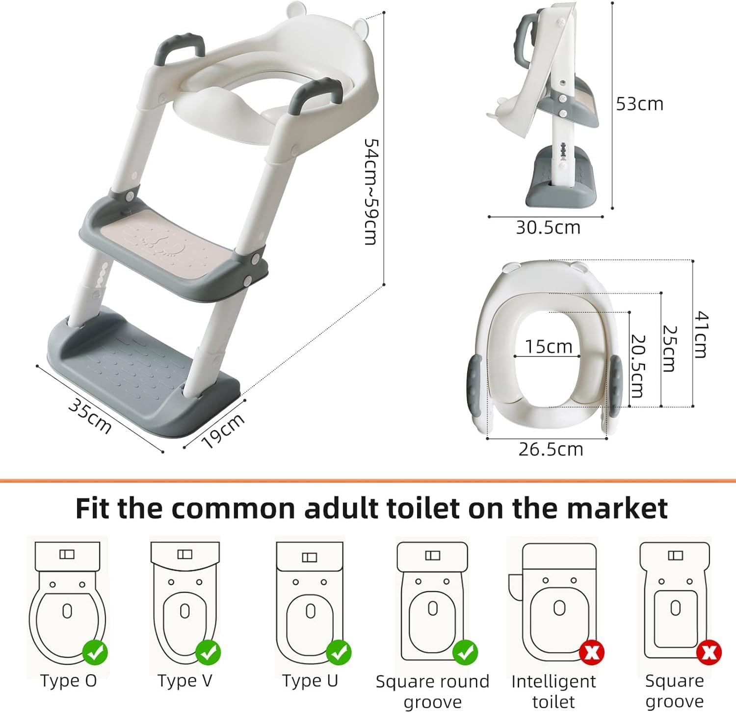 Potty Training Seat with Step Stool Ladder, Comfortable, Safe and Lightweight Potty Seat with Non-Slip Mat Ladder, Potty Training Toilet for Boys, Girls and Toddlers（Gray） - Gray image number 5