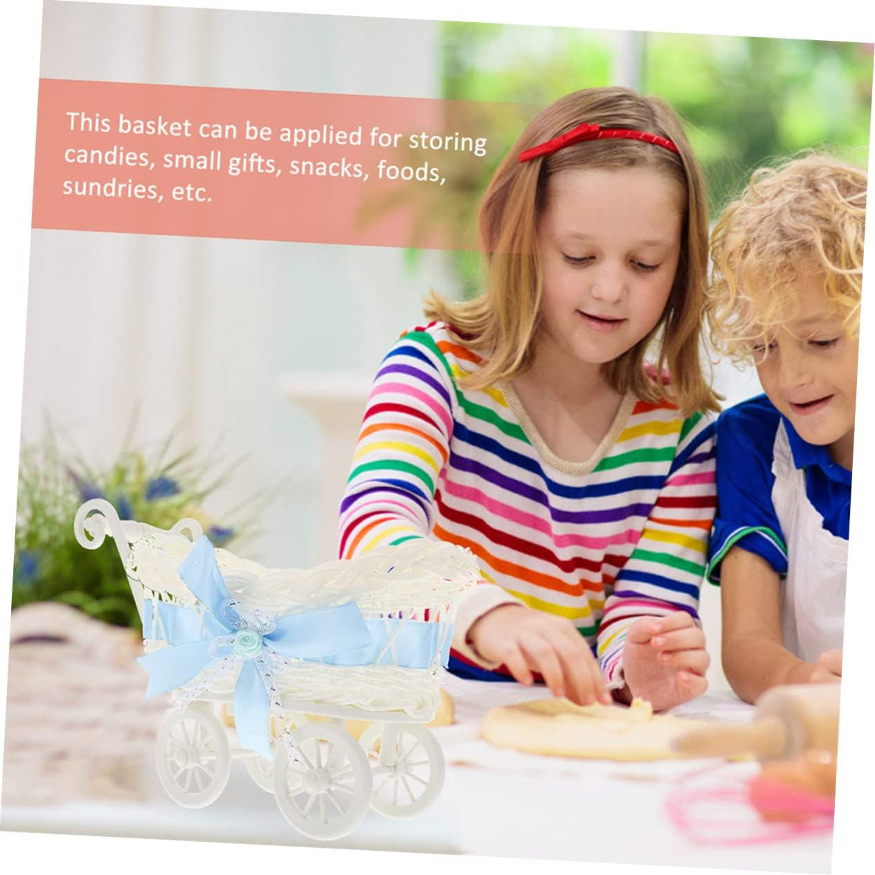 2Pcs Woven Trolley Flower Basket for Shower and Wedding Decoration Multi Function Candy Baskets for Favors and Storage Durable and Stylish Design image number 4