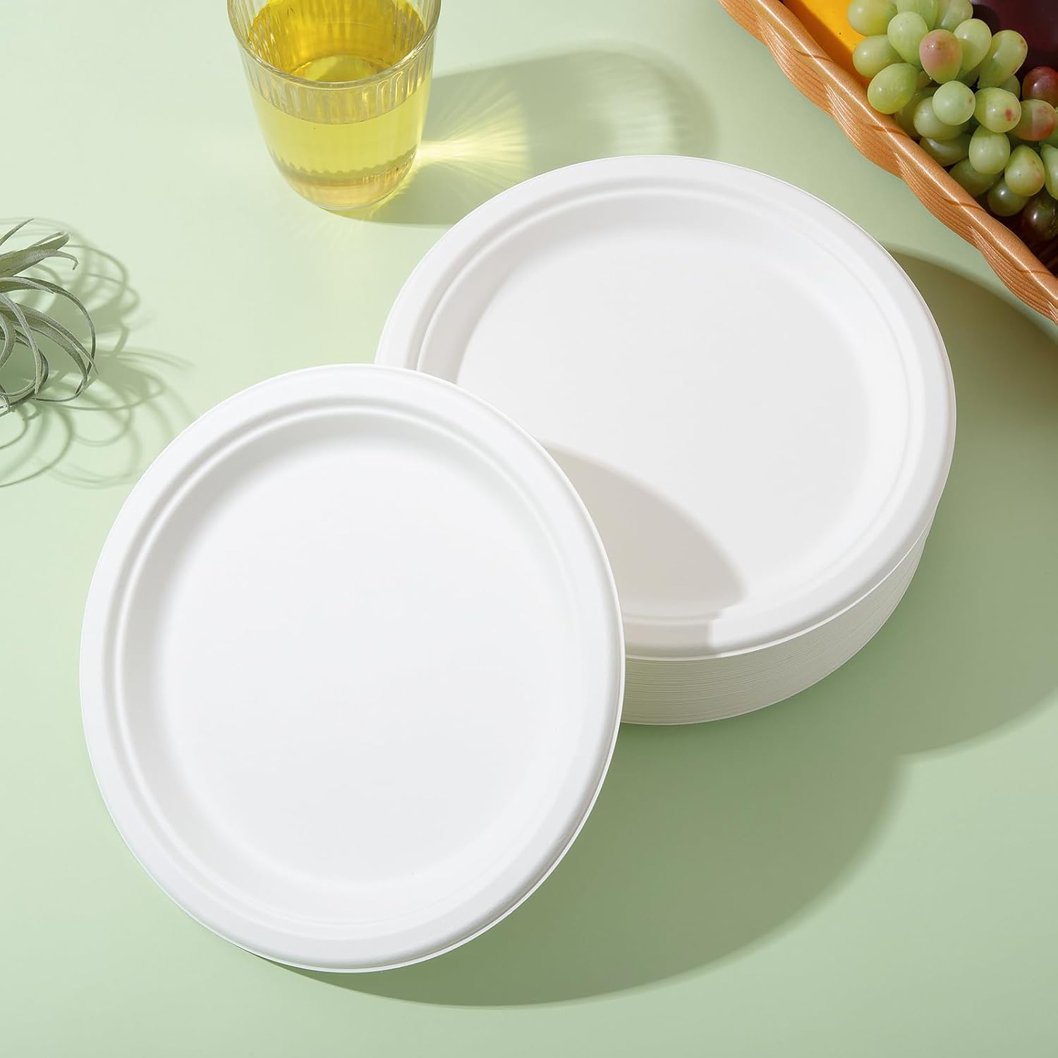 Xinligoods [125 Pcs, White, 9 Inch] Disposable Party Plates, Eco-Friendly, Biodegradable, Plant-Based, Perfect for Party, Camping, Picnic
