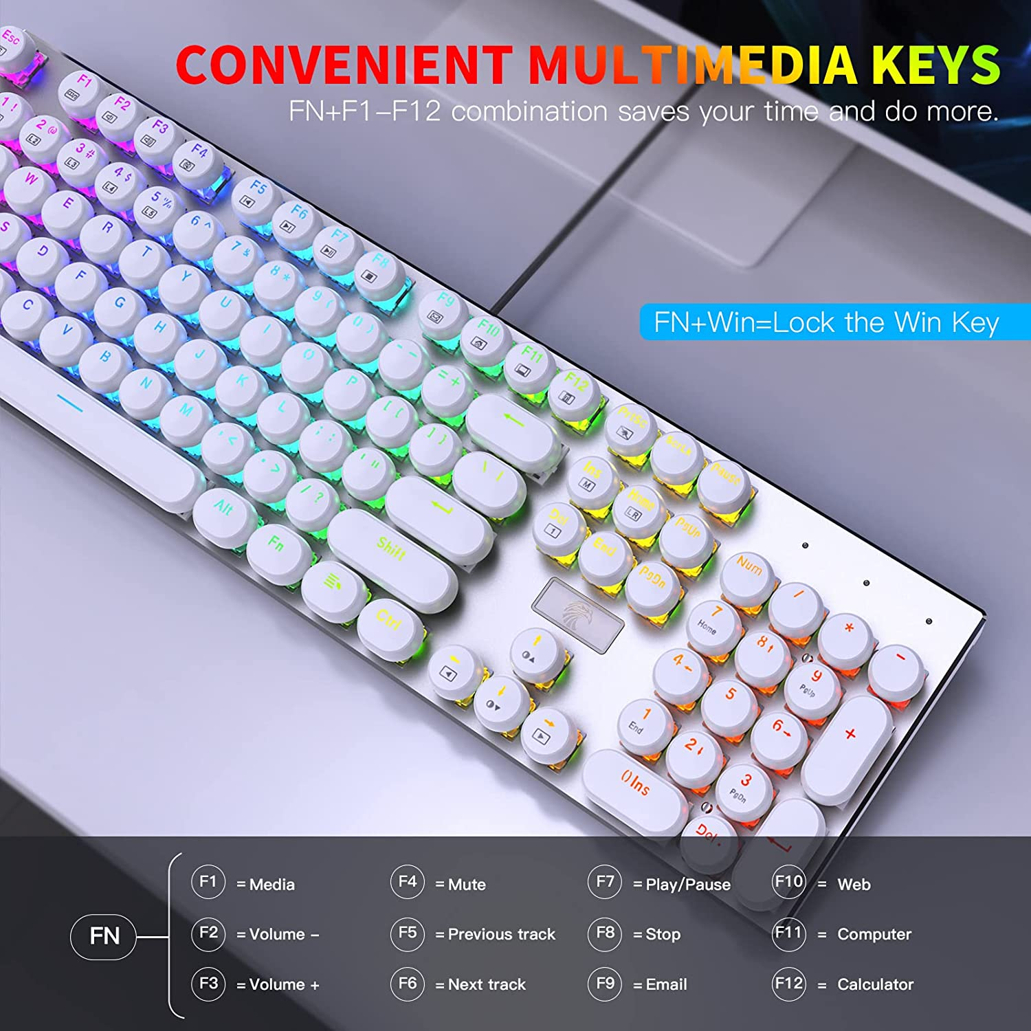 HUO JI Z-88 Retro Mechanical Gaming Keyboard, Programmable RGB Backlit, Blue Switch -Tactile & Clicky, Typewriter Style, Water Resistant 104 Keys Anti-Ghosting for Mac PC, White image number 5