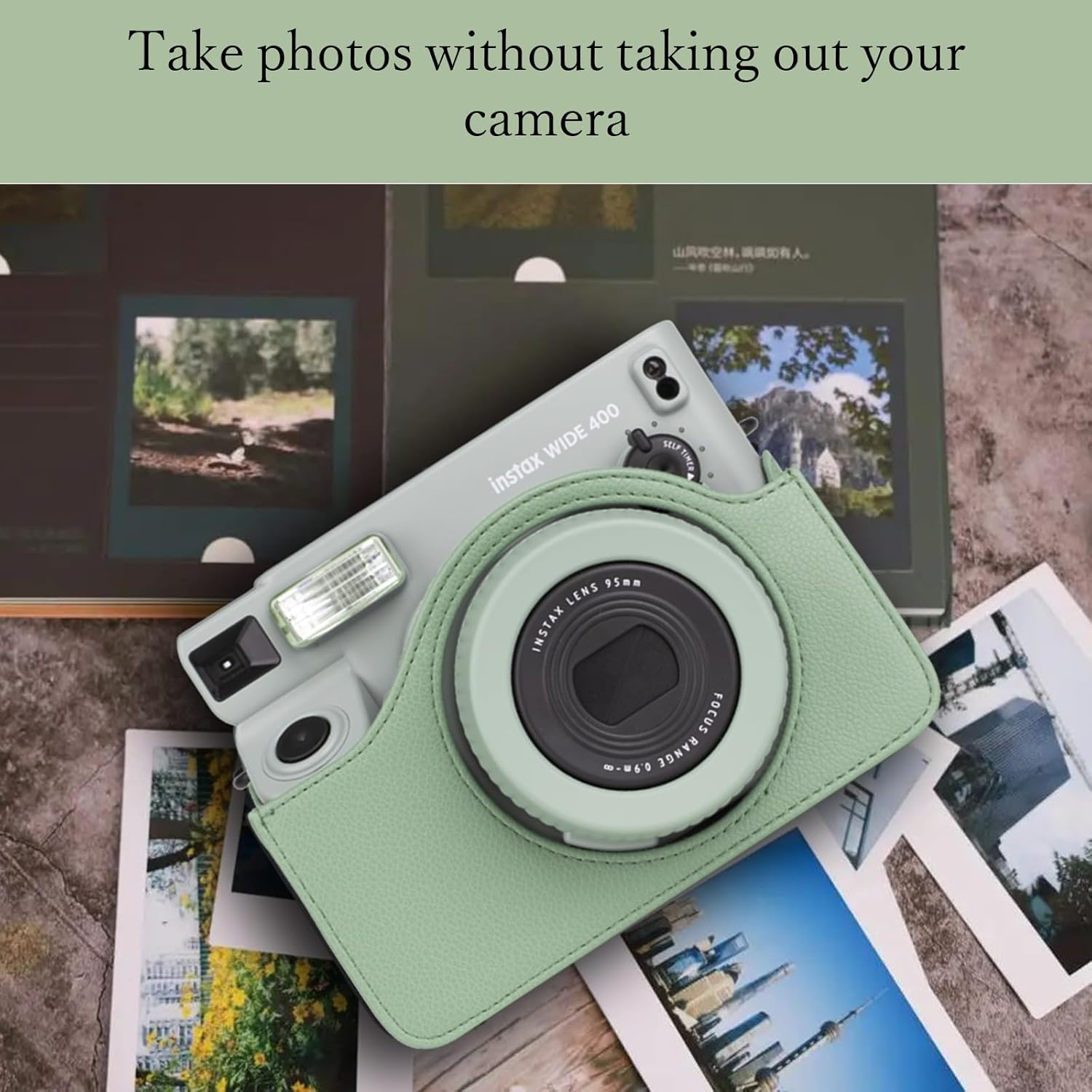 Rieibi Camera Case Compatible with Instax Wide 400，Carrying Case for Fujifilm Instax Wide 400 Instant Camera，Retro PU Leather Camera Bag，Protective Case with Shoulder Strap - Green image number 3