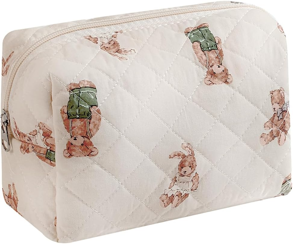 Cute Small Makeup Bag,Quilted Floral Cotton Cosmetic Pencil Pouch, Quilted Flowers Pencil Case with Zipper, Kawaii Travel Toiletry Bags for Purse, 12White Bear