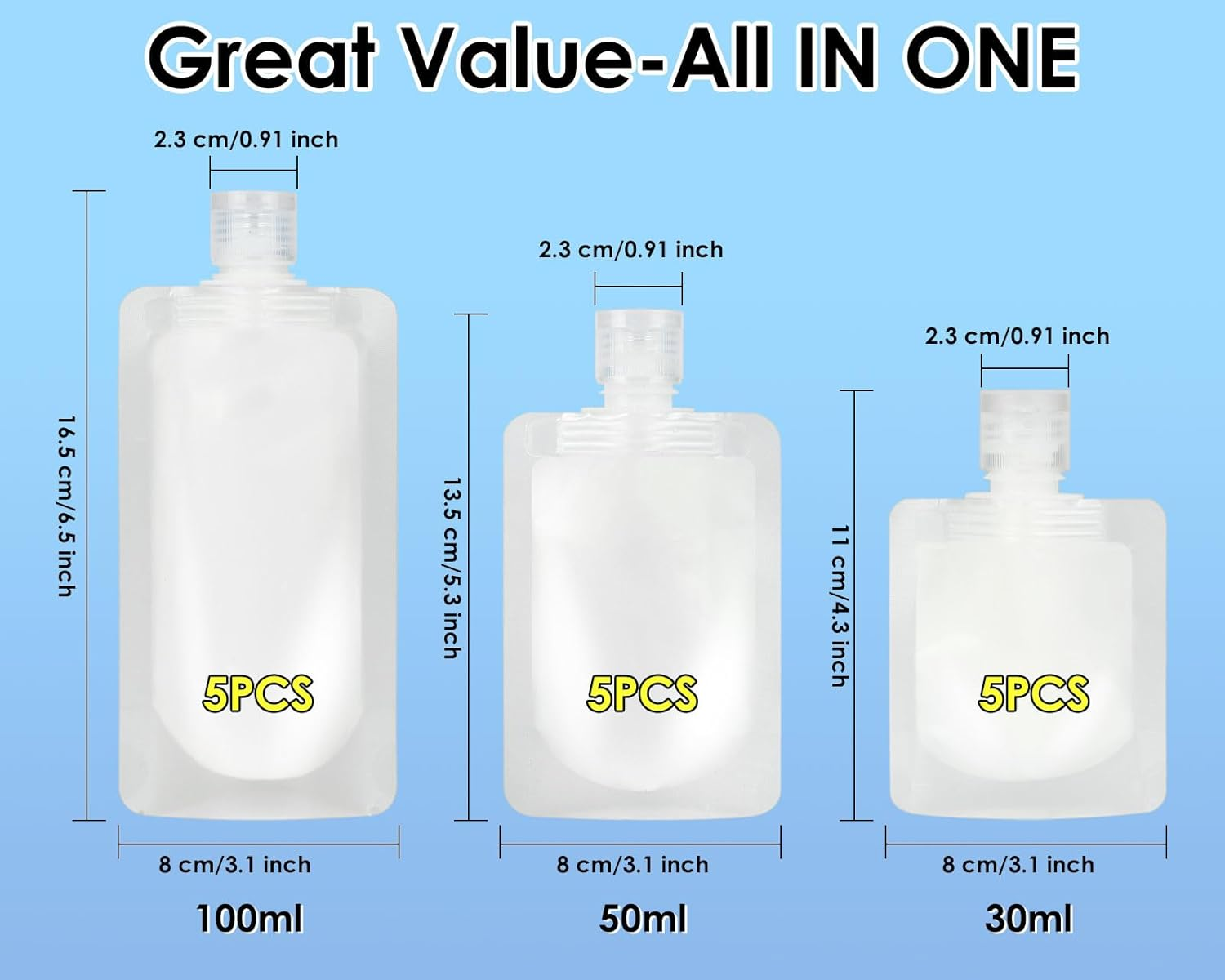 DS. DISTINCTIVE STYLE Travel Pouches for Toiletries Set of 15 Pieces - 30 Ml/50 Ml/100 Ml Portable Travel Liquid Pouch Squeeze Refillable Travel Containers for Conditioner, Lotion and Soap Liquids image number 1