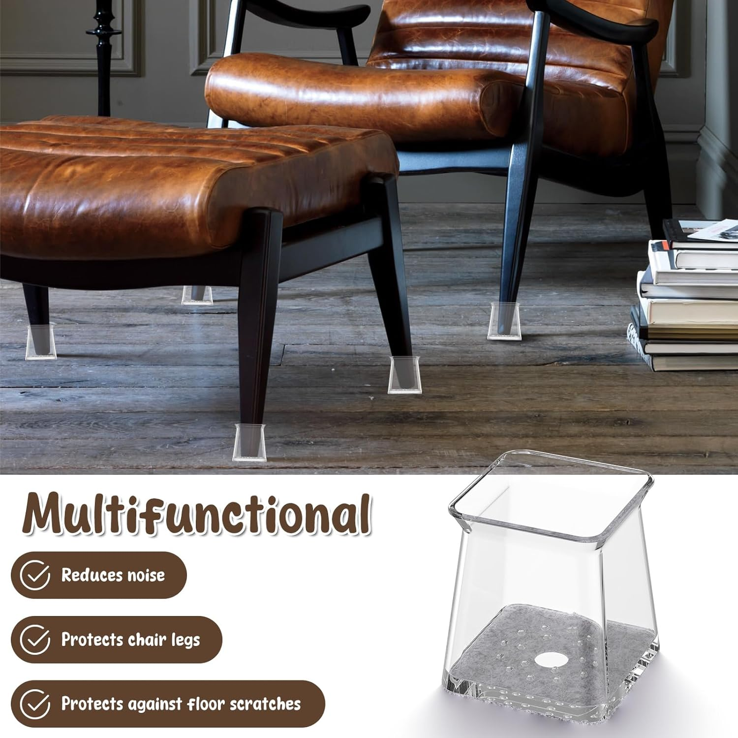 32 Pcs Chair Leg Floor Protectors, Square Silicone Felt Furniture Pads, Wear Resistant Furniture Leg Pads Caps Covers, Chair Leg Protectors Protect Wooden Floors from Scratching (Clear, M) image number 1