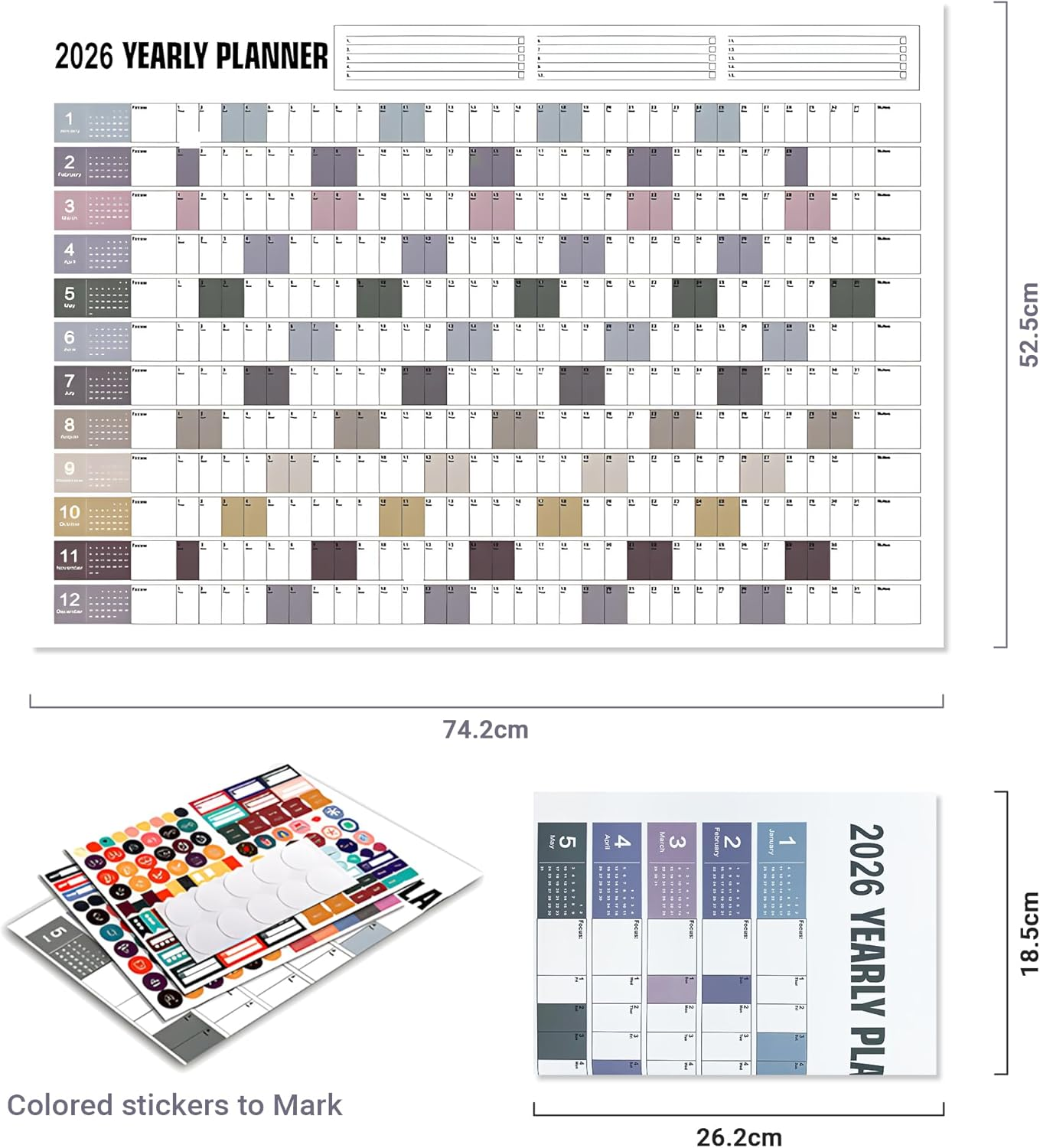 2026 Wall Calendar,Yearly Wall Planner Charts with Colored Stickers, Folded Paper Calendar 12 Month, Full Year Planner Calendar, 365 Daily Plan Chart, Easy Daily Planning at Home Office Classroom Decor image number 2