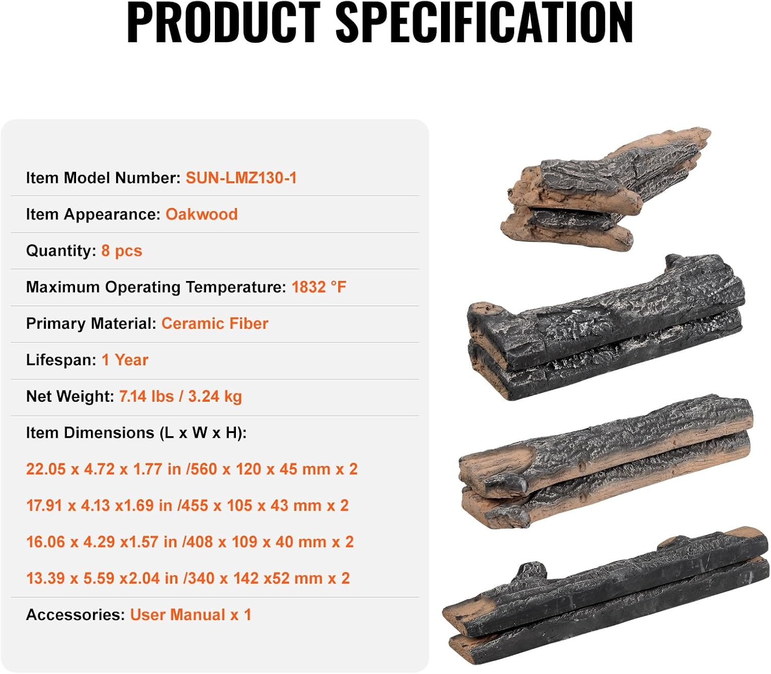 VEVOR 8 Pcs Oak Logs, Gas Fireplace Ceramic Logs for Fire Place, Heat-Resistant Wood Log Gas Realistic Logs, Stackable Wood Branches for Gas Fireplace, Firebowl Indoor or Outdoor image number 4