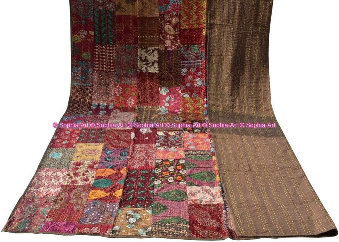 Handmade Vintage Khambadiya Print Hand Jari Patchwork King/Twin Size Embroidery Kantha Quilt Home Decorative Kantha Bedspread Indian Blanket Coverlet Art image number 7