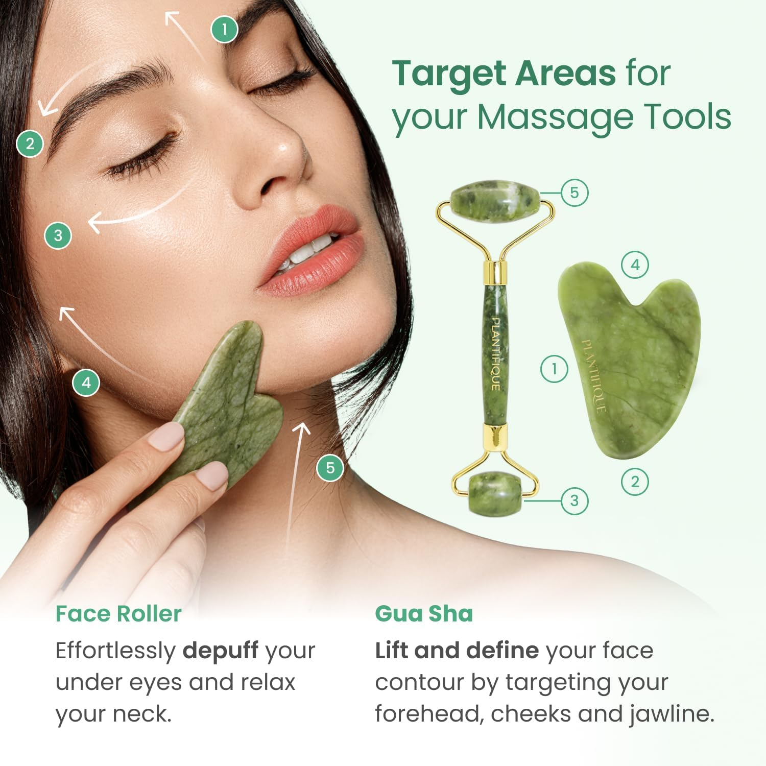 PLANTIFIQUE Jade Roller & Gua Sha Set &ndash; Real Jade Facial Tools for Skin Care Routine &ndash; Certified Face Massager for Radiant Skin image number 6