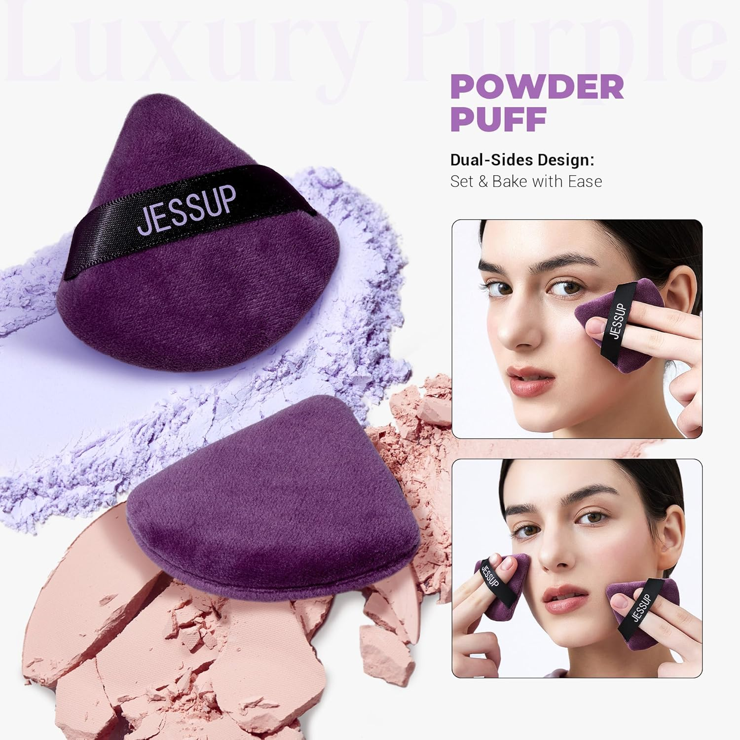 Jessup Powder Puff, 2Pcs Triangle Powder Puff Soft for Foundation Setting and Baking, Reusable, Washable, Purple SP018 image number 3