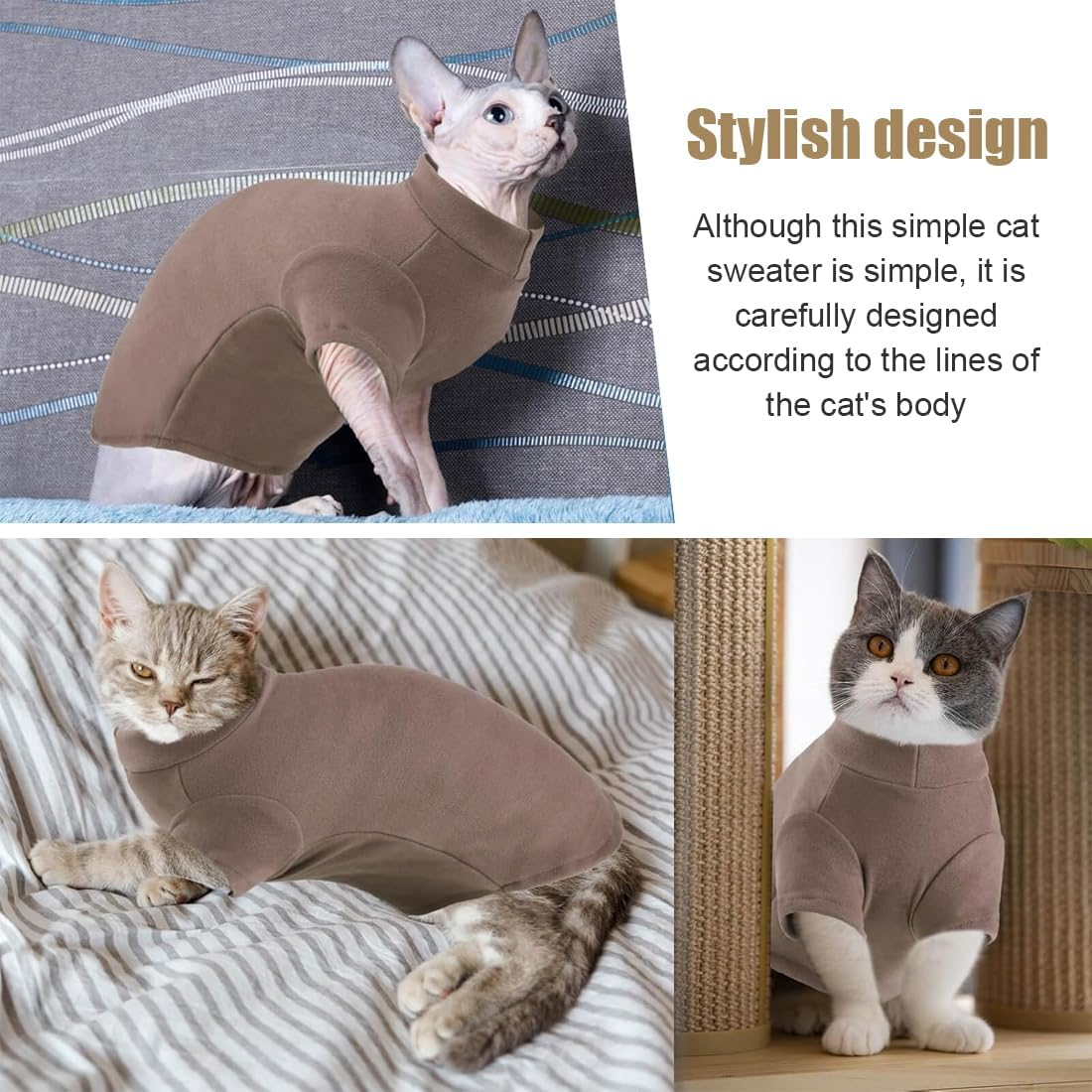 Cat Cotton Clothing, Sphynx Cat Clothing, Breathable Soft Jumper for Cats, Hairless Cat Vest, Turtleneck Jumper, for Sphynx, Cornish Rex, Devon Rex, Peterbald, Brown, M image number 4