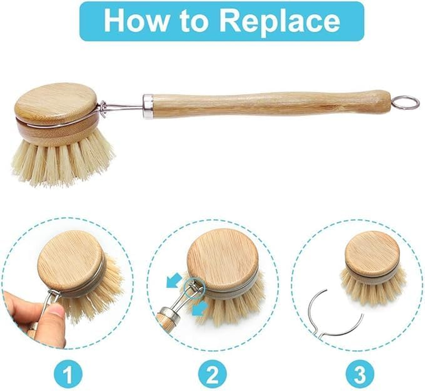 Natural Bamboo Cleaning Brush Set Pot Dish Scrub Brush with Handle Wooden Kitchen Dish Brush Dish Scrubber Replacement Brush Heads Dish Brush(Pot Brush*1+Brush Head*4) image number 6