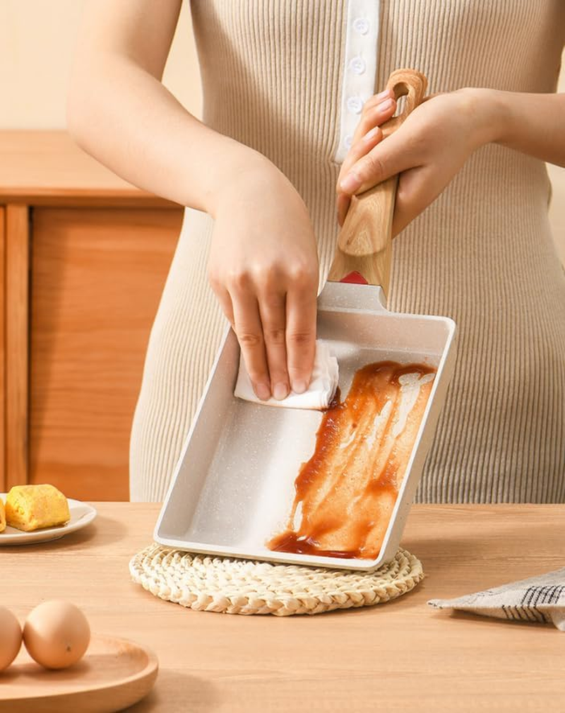 Square Japanese Omelette Pan, Non-Stick Egg Roll Pan with Silicone Brush, Rectangle Frying Pan Wood Handle, Steak Frying Pan, Maifanshi Flat Bottomed Pan image number 2