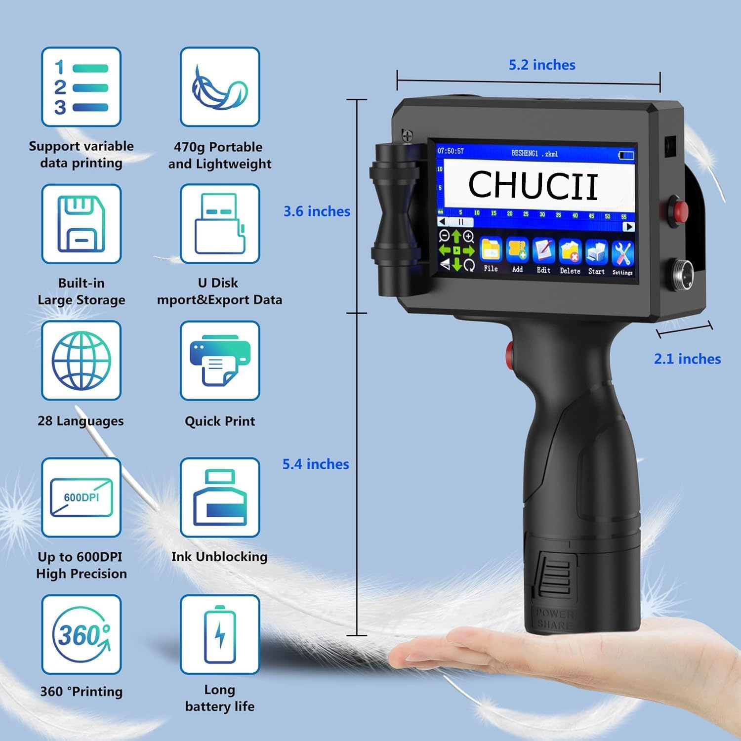 CHUCII Handheld Inkjet Printer, Hand Held Printer with 42Ml Quick-Drying Ink Cartridge, for Text Qrcode Barcode Date Time Logo Batch Number Print on Metal Wood Glass Cloth Carton Plastic image number 5