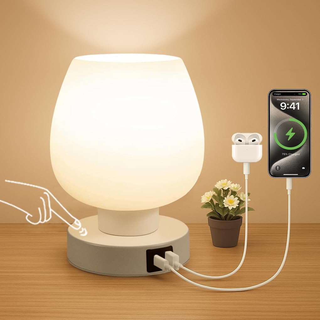 Clora Touch Bedside Table Lamp Modern Lamp for Bedroom Living Room Nightstand Desk Lamp with White Opal Glass Lamp Shade Warm LED Bulb 3 Way Dimmable