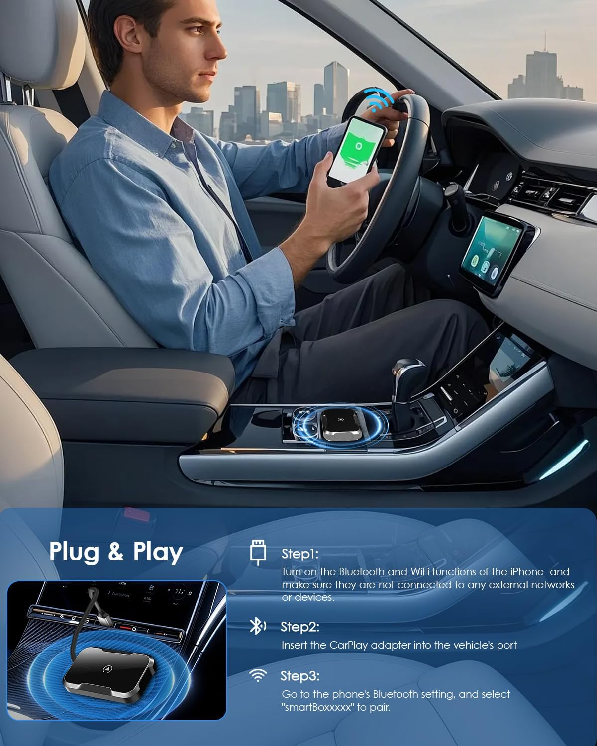 Wireless Carplay Adapter for Iphone, Auto Adapter, Carplay Bluetooth Adapter, Converts Wired Carplay to Wireless, Plug & Play Low Latency Easy Installation, Compatible with 98% of Car Model