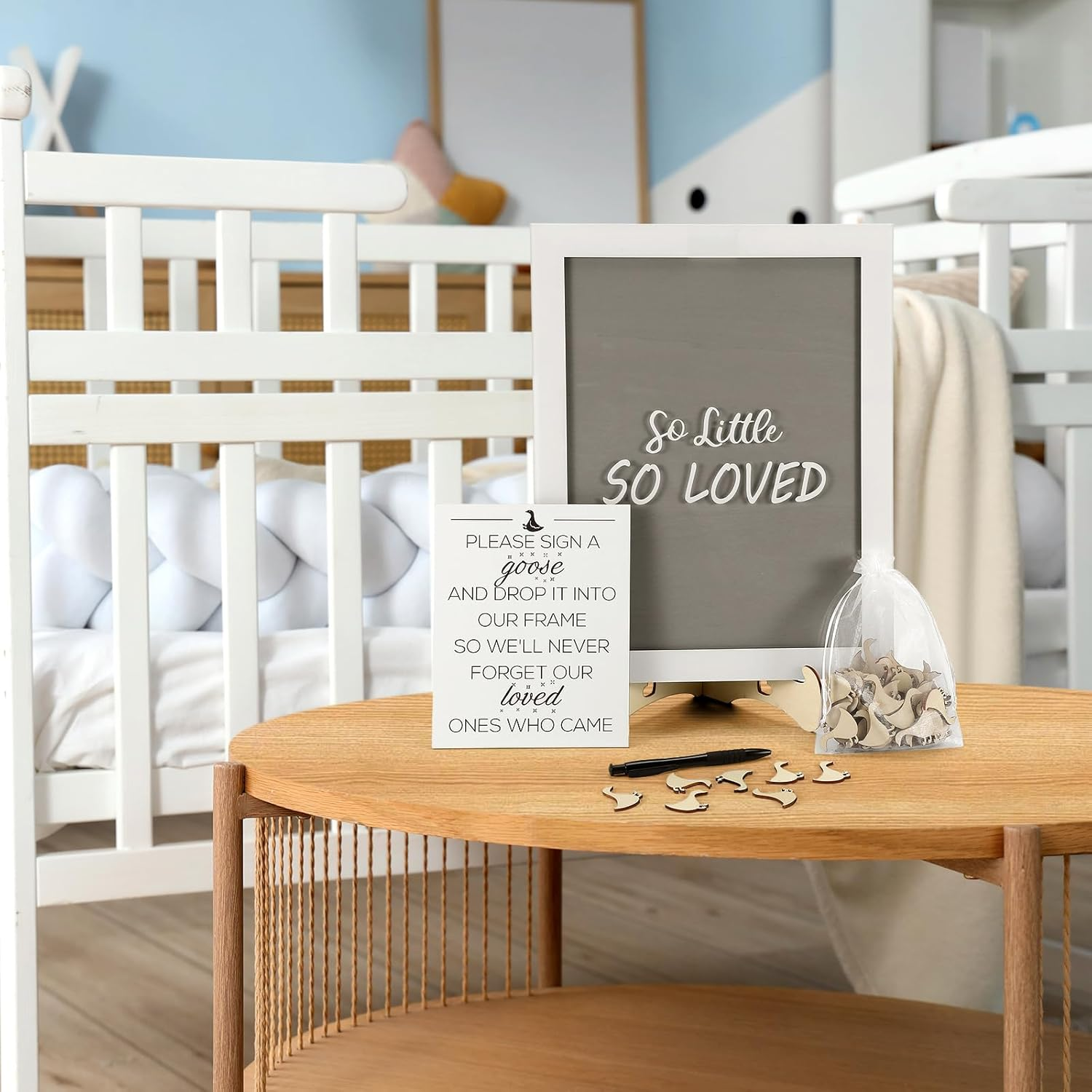 Chunful so Little so Loved Wooden Goose Token Frame, 1 Goose Baby Shower Frame Guestbook, Gender-Neutral Pregnancy Keepsake with 65 Signature Tokens and Pen, Gray and White