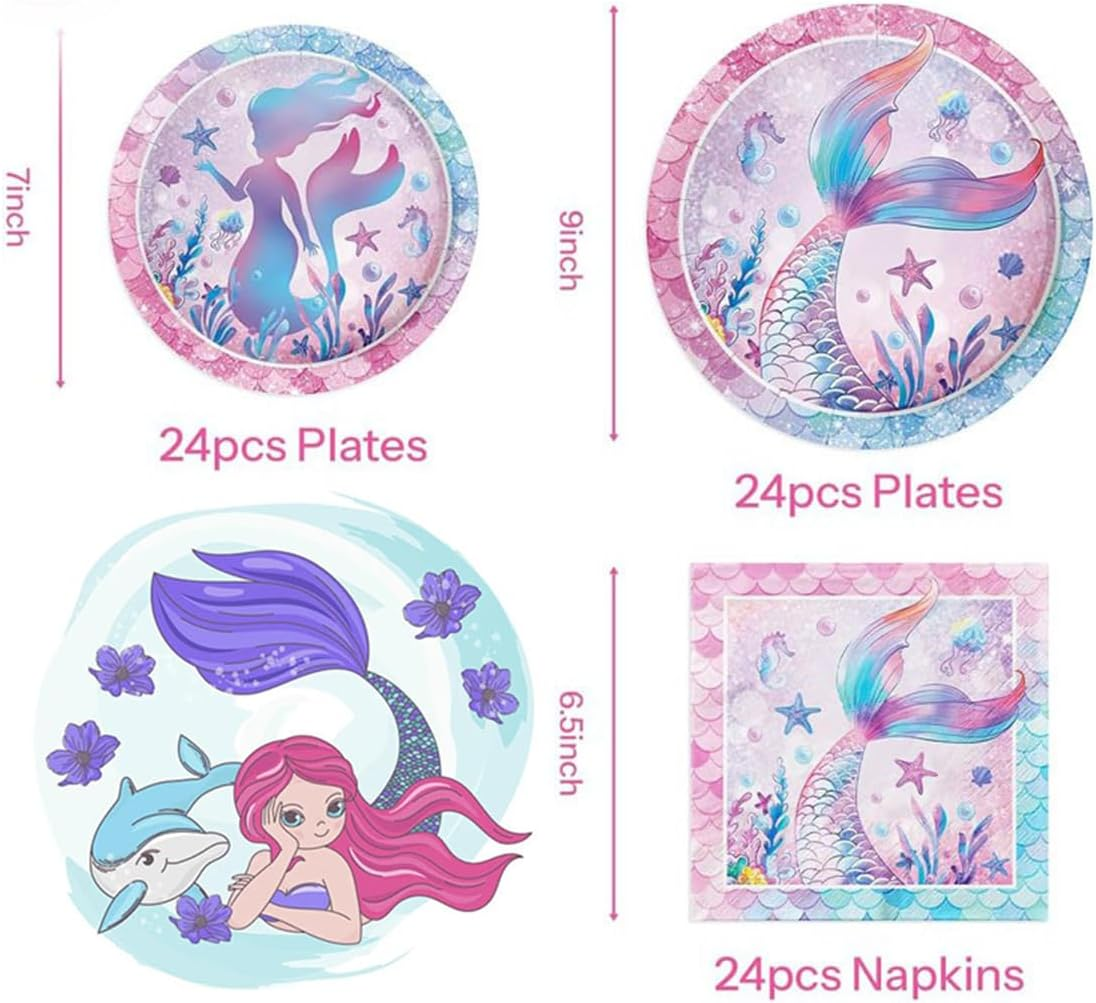 72Pcs Mermaid Disposable Tableware Birthday Paper Party Plates Napkins Set， Mermaid Birthday Party Tableware Serves 24 Guests image number 1