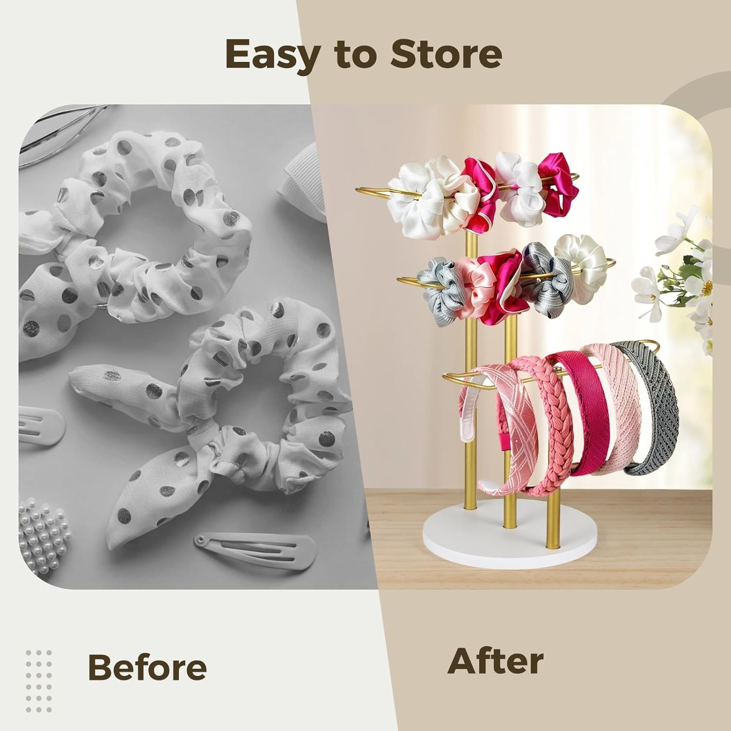 YOFAPA Metal Headband Holder Organiser, Metal Head Holder Manager, Three Layer Hair Holder, Hair Clip, Bracelet, Hair Holder with Gold Frame, White round Base image number 3