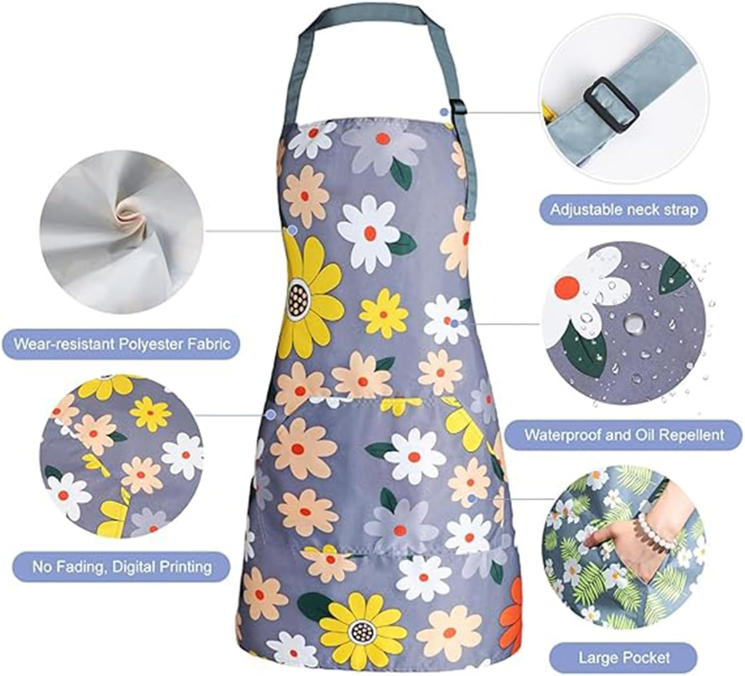 3 Pack Floral Aprons with Pocket, Blooming Womens Aprons Waterproof Adjustable Cooking Aprons for Kitchen Gardening and Salon image number 1