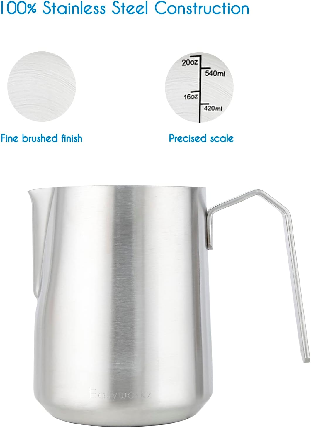 Easyworkz Espresso Steaming Pitcher Stainless Steel 600 Ml Coffee Frothing Picther Milk Jug Cappuccino Latte Art Cup, Brushed Silver image number 1